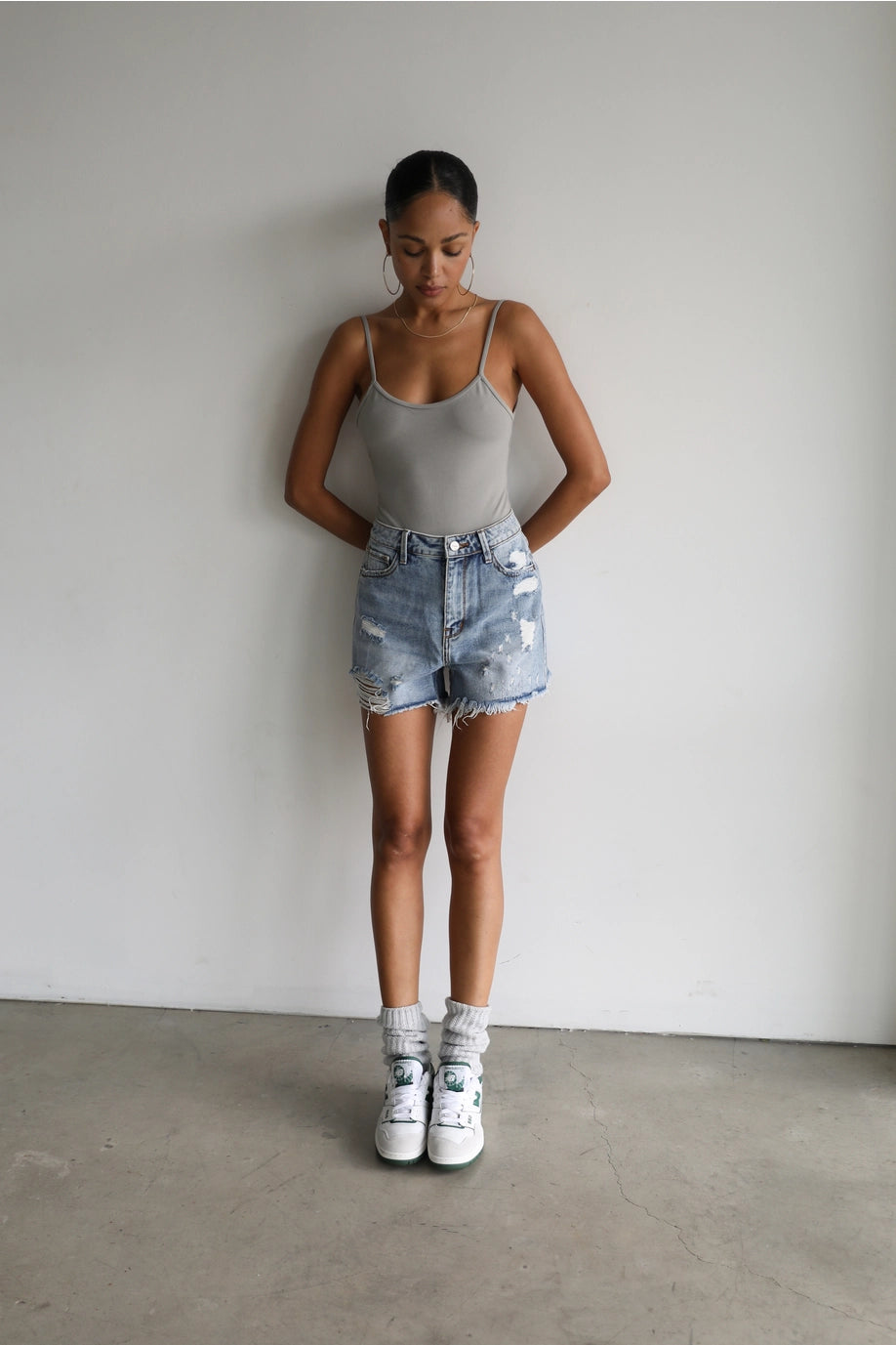 Mid Wash Distressed Denim Shorts
