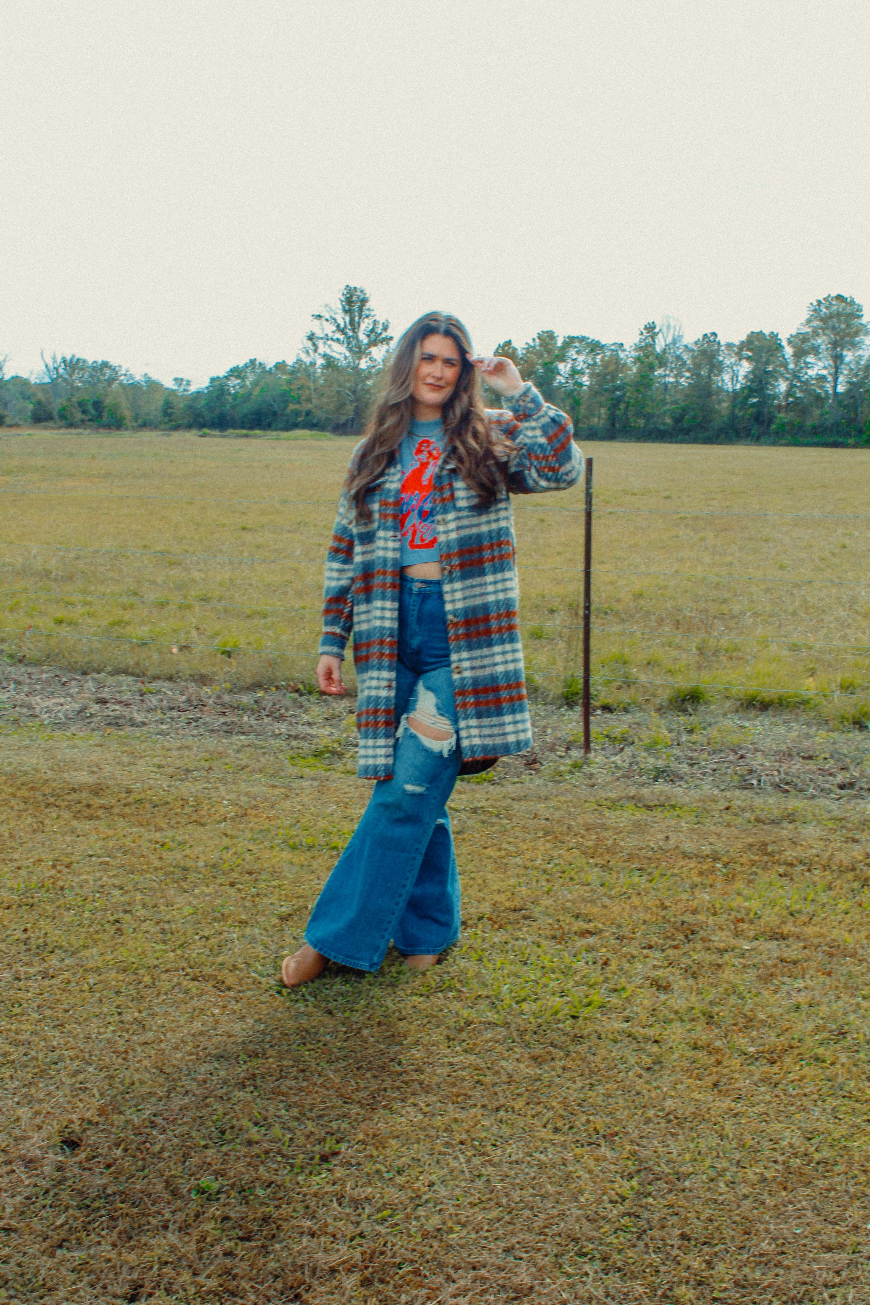 Teal Plaid Long Shirt Jacket