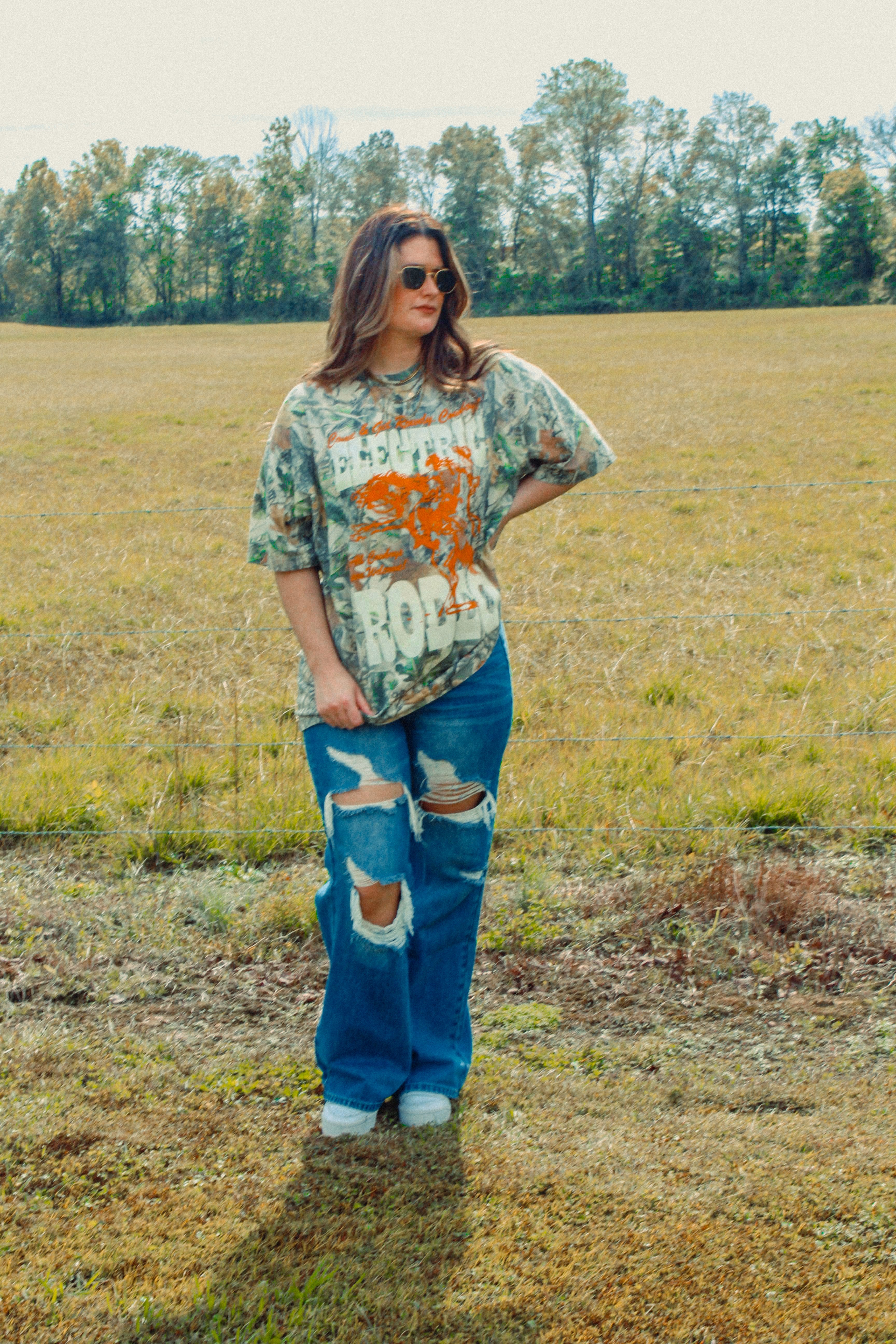 Underground Original Design: Camo Electric Rodeo, Western Boxy Cotton T-Shirt