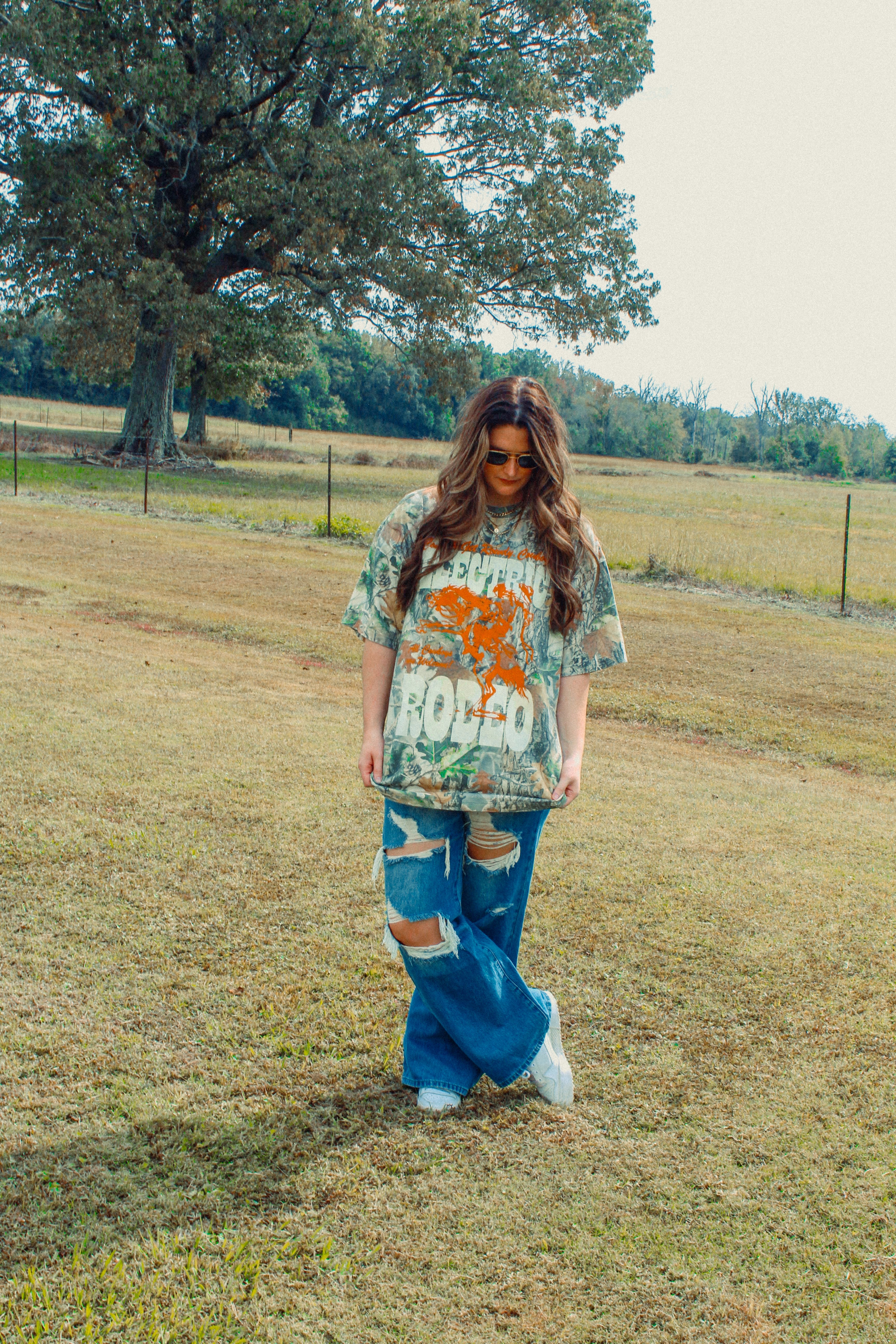 Underground Original Design: Camo Electric Rodeo, Western Boxy Cotton T-Shirt