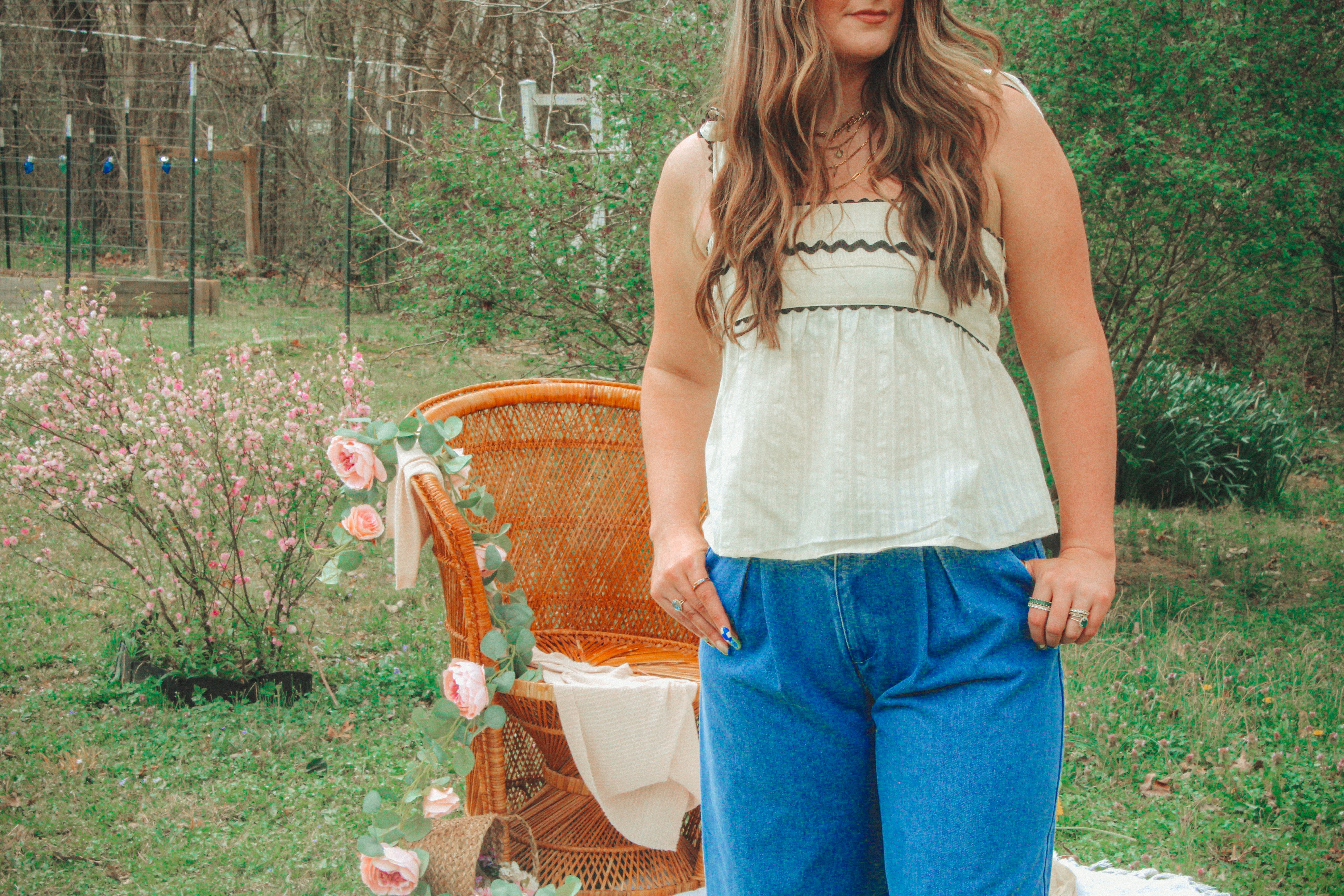 Shoulder Bow Tie Scallop Trim Detail Top