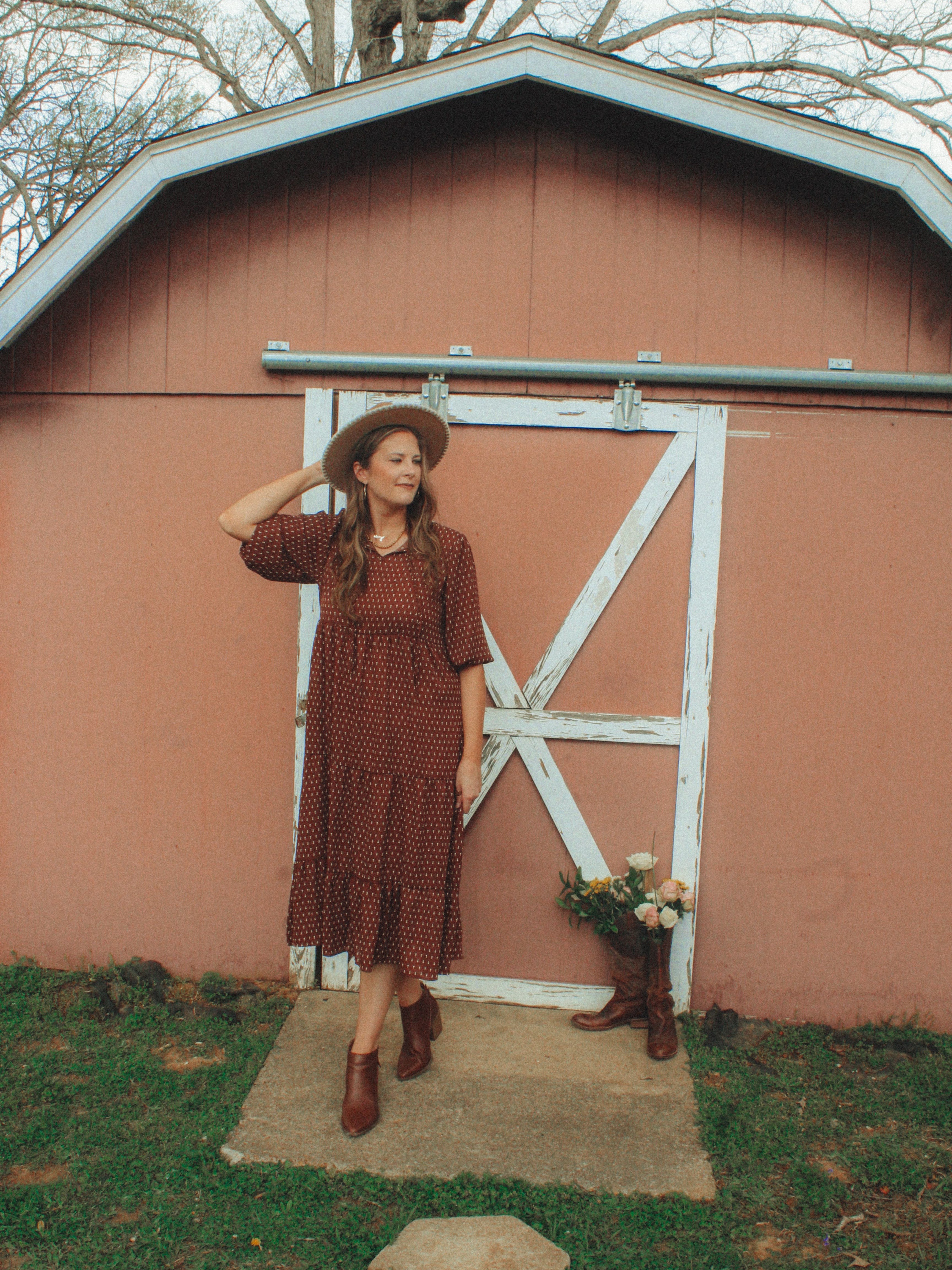 Brown Tiered Long Sleeve Midi Dress