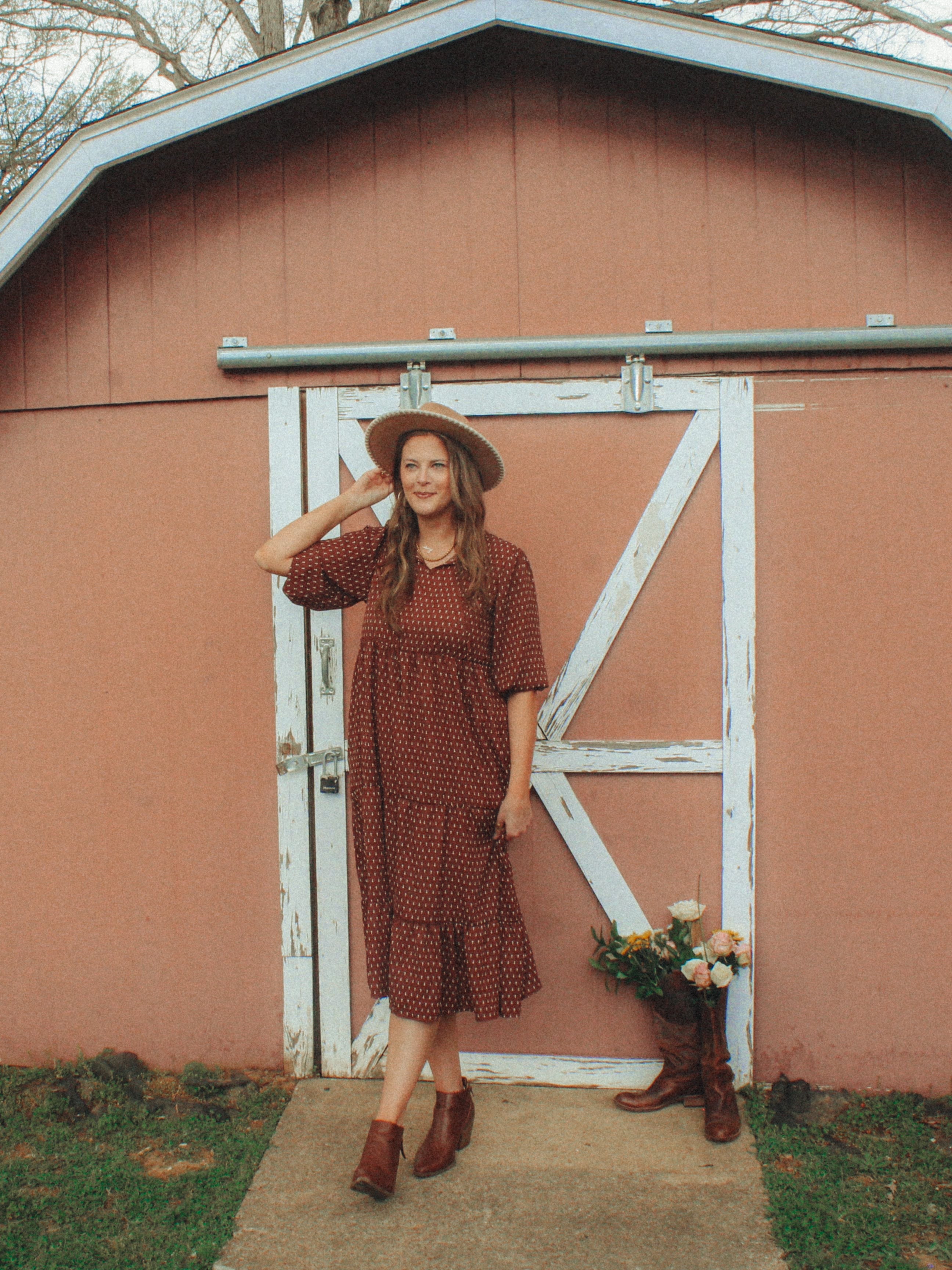 Brown Tiered Long Sleeve Midi Dress