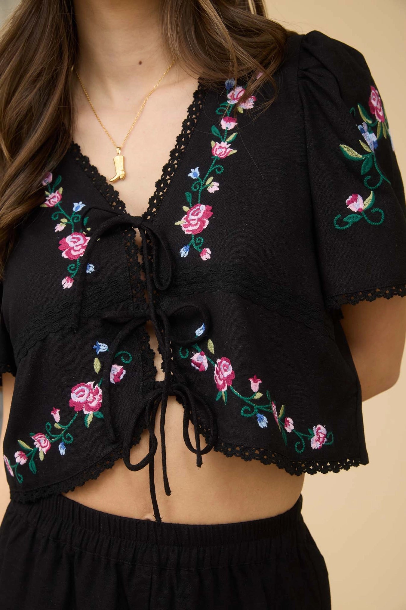 Floral Embroidery Tie Front Blouse