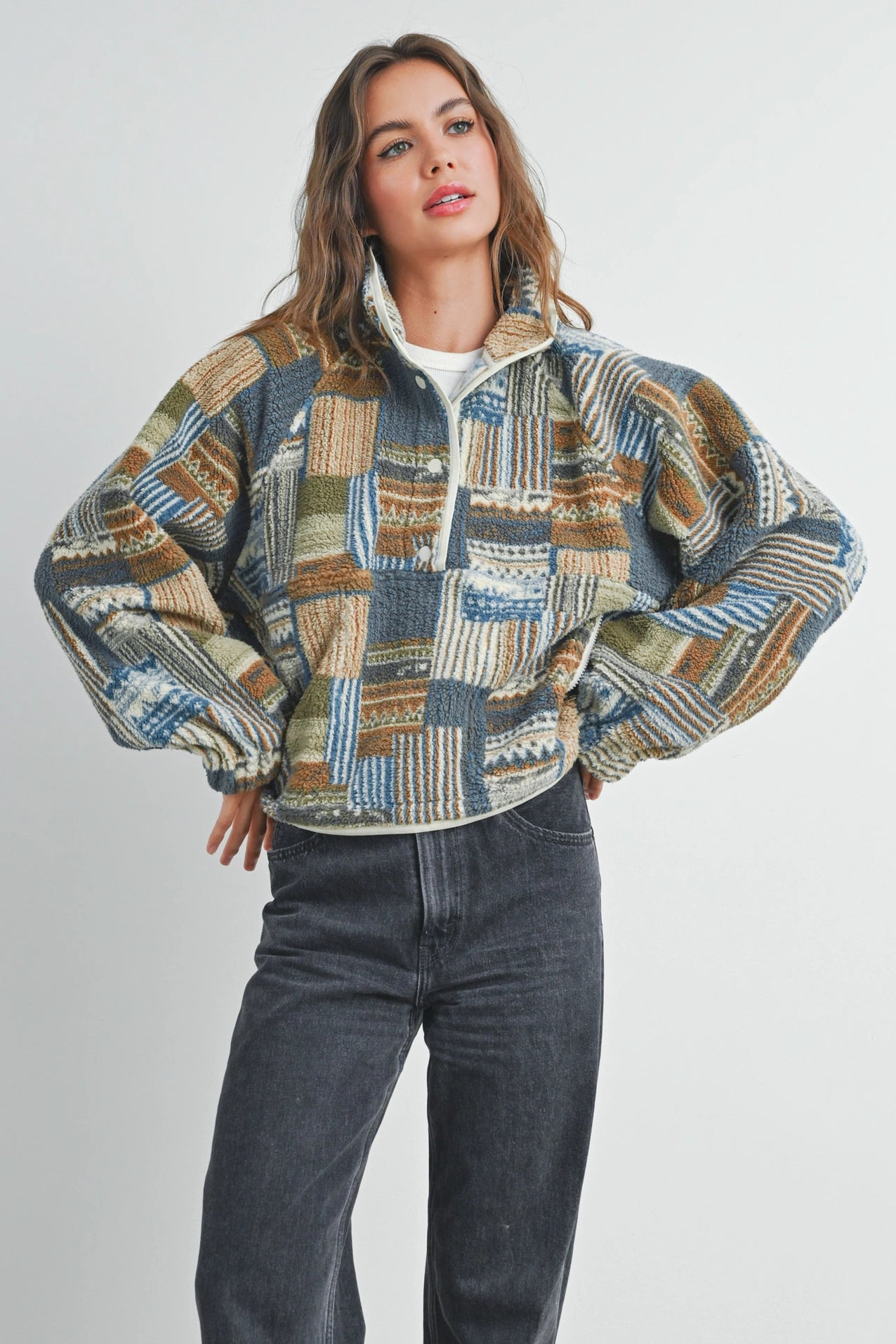 Patchwork Fleece Half Button Pullover