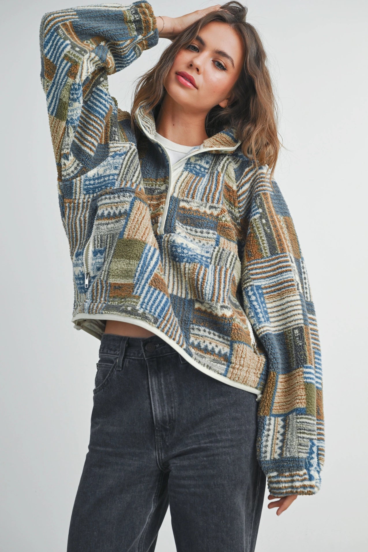 Patchwork Fleece Half Button Pullover
