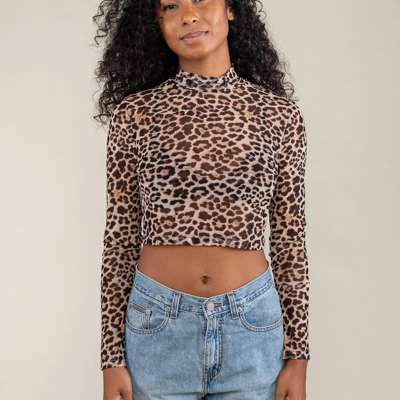 Cheetah Mesh Mock Neck Sheer Top