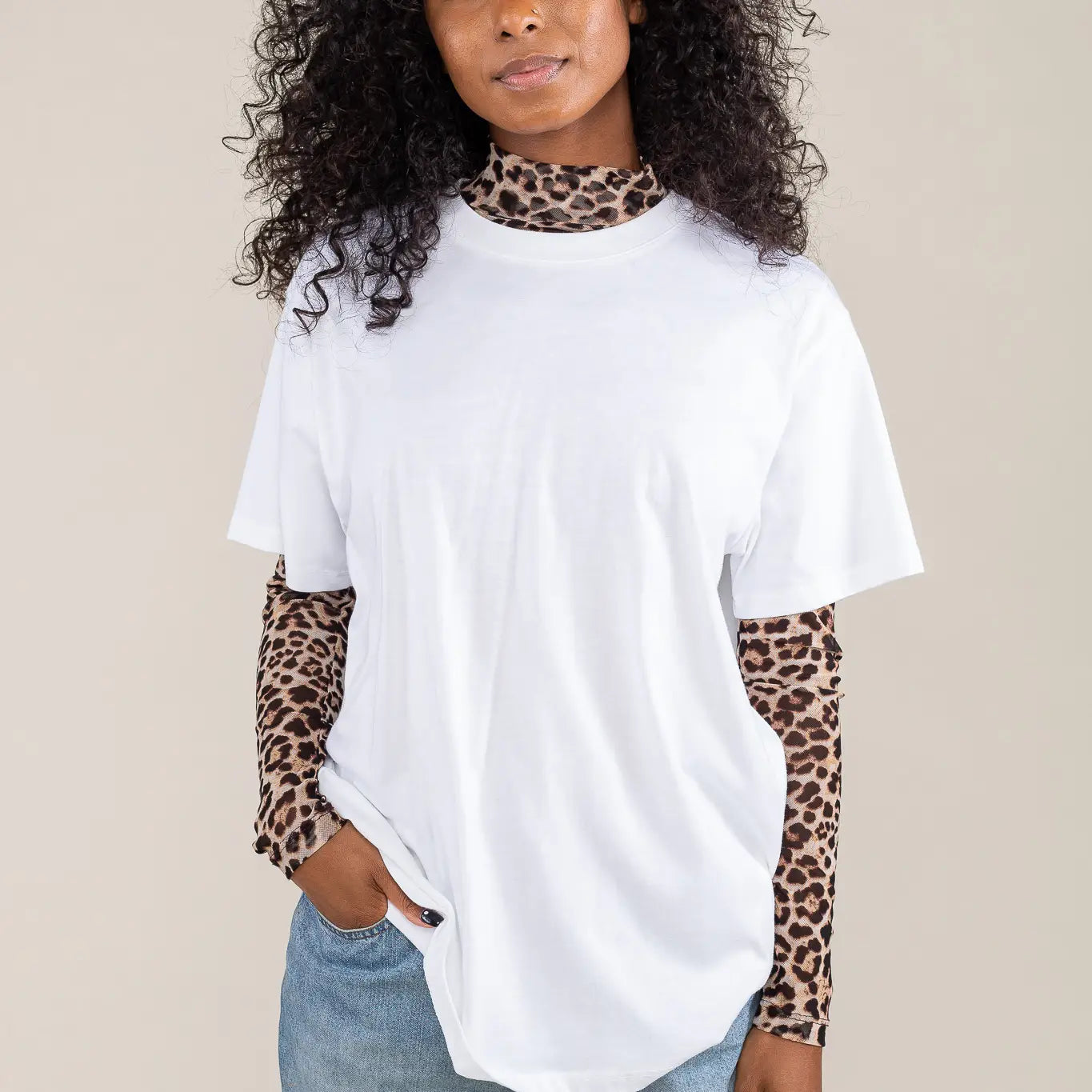 Cheetah Mesh Mock Neck Sheer Top