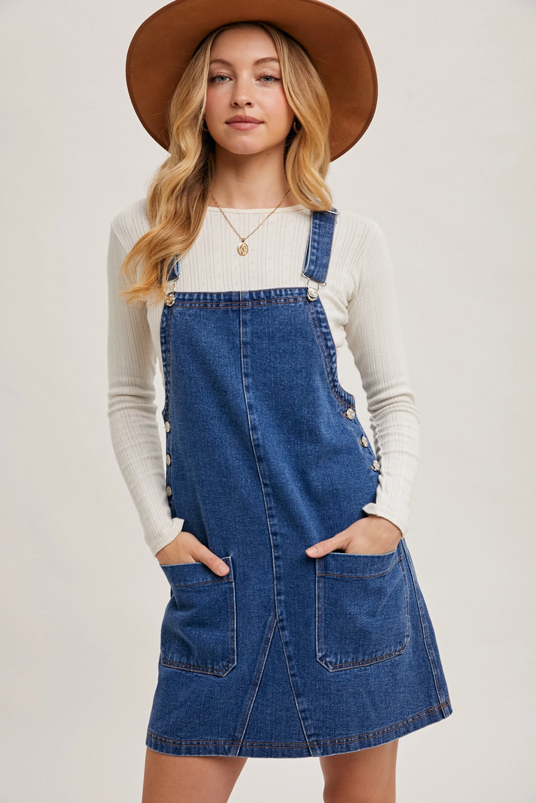 Denim Overall Mini Dress with Pockets