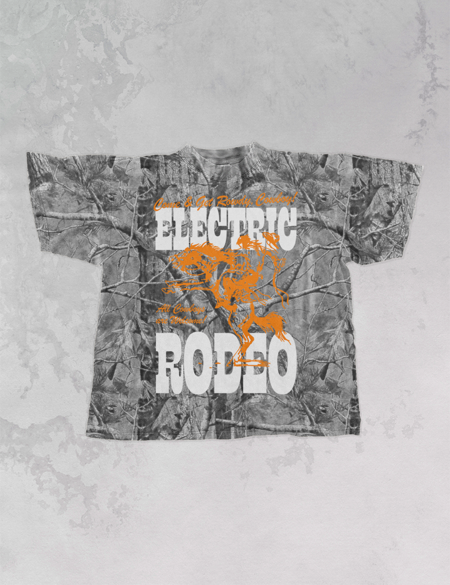 Underground Original Design: Camo Electric Rodeo, Western Boxy Cotton T-Shirt