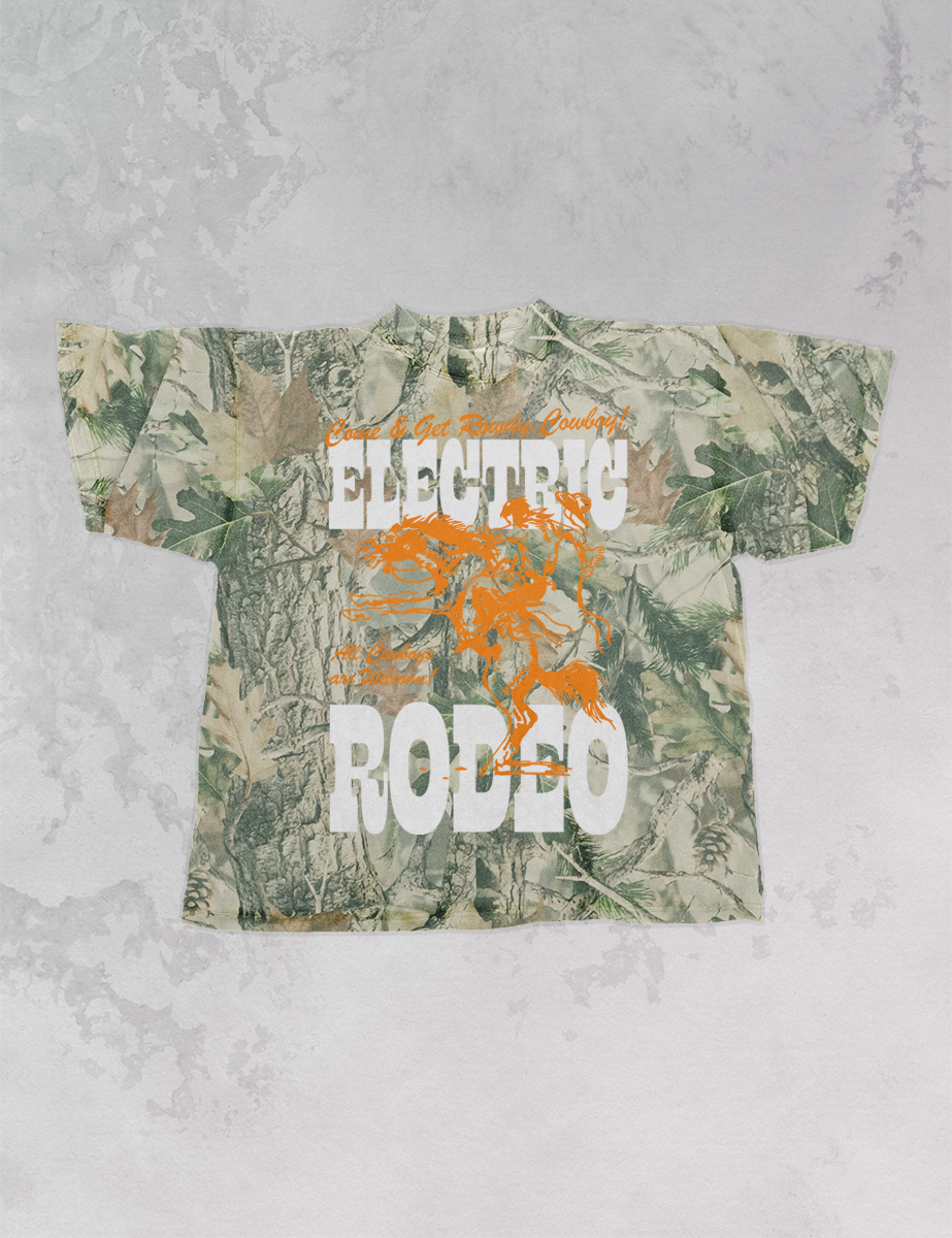 Underground Original Design: Camo Electric Rodeo, Western Boxy Cotton T-Shirt