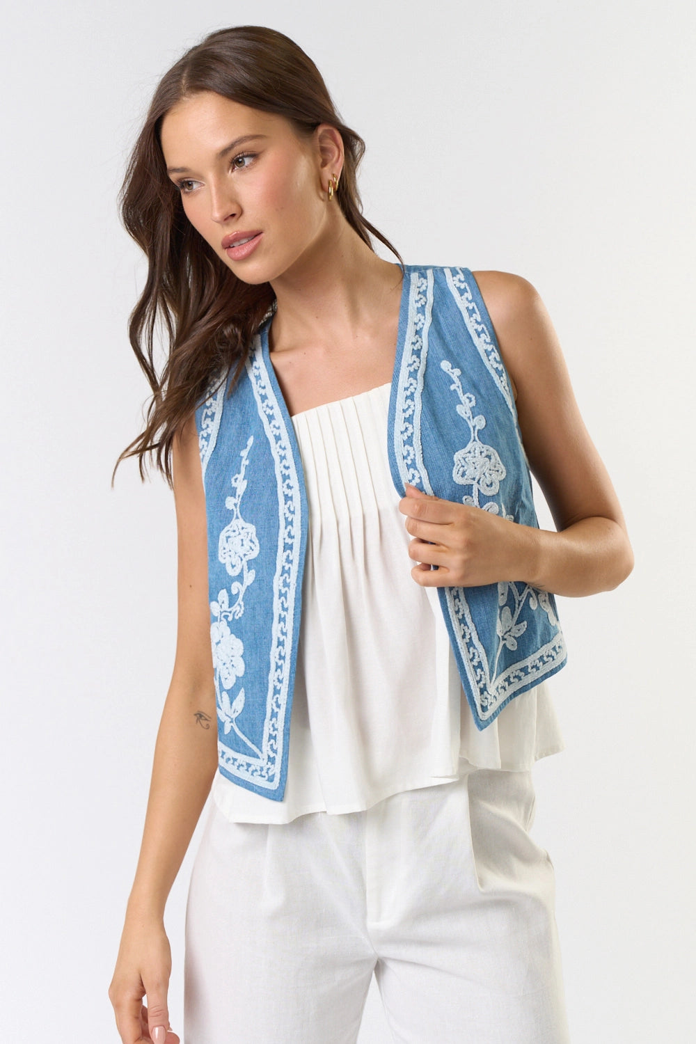 Embroidery Detail Denim Vest Tank