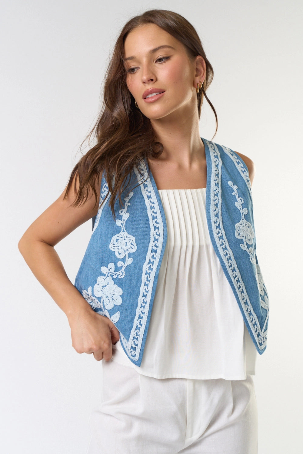 Embroidery Detail Denim Vest Tank