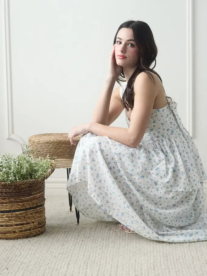 Floral Sleeveless Corset Ruffle Midi Dress Large / Blue