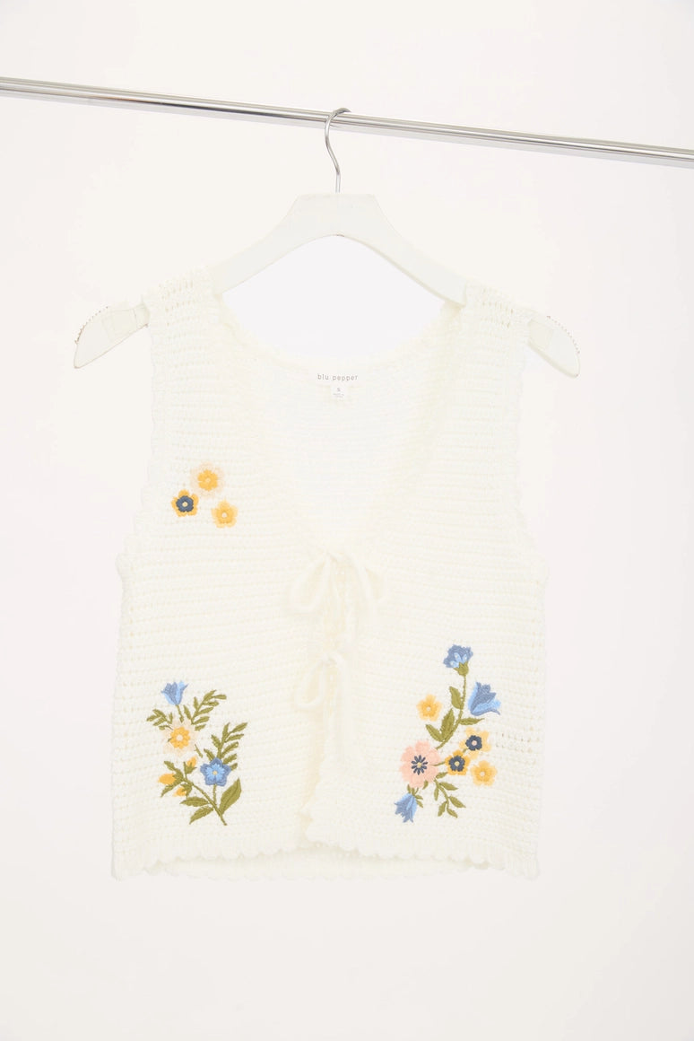 Floral Embroidery Front Tie Crochet Vest