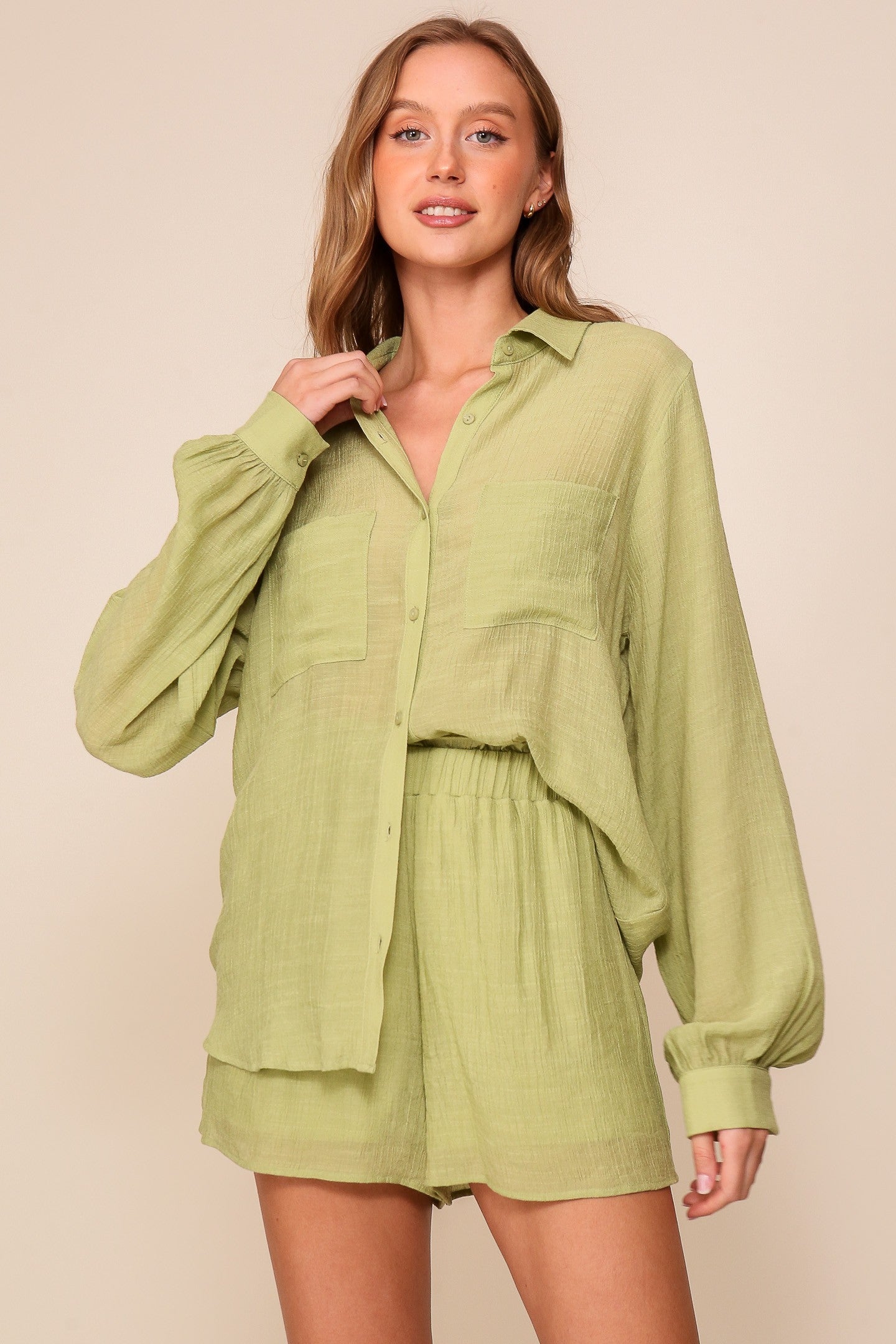Green Button Down Shirt and Short Set