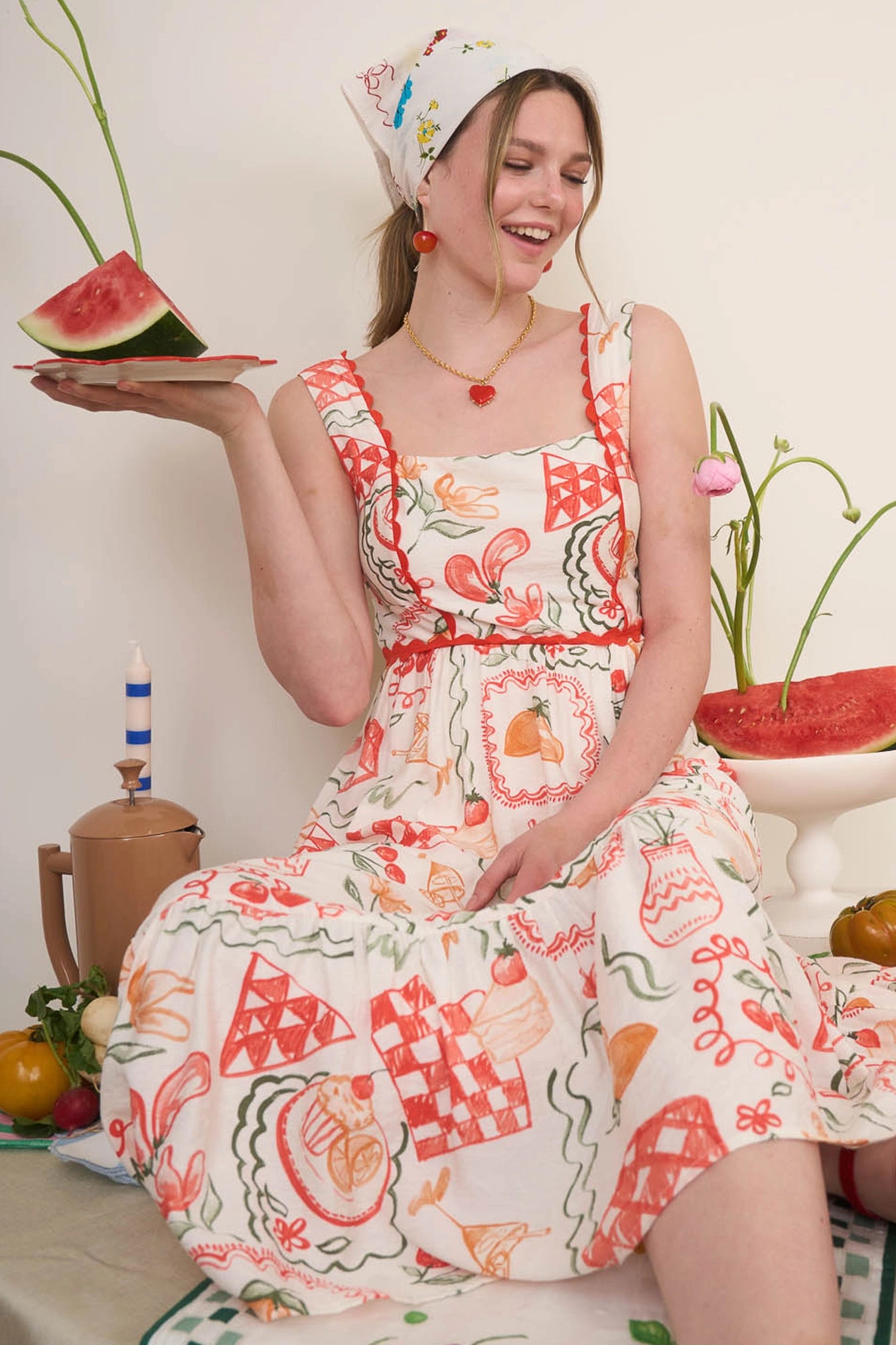 Picnic Print Scallop Trim Sleeveless Midi Dress