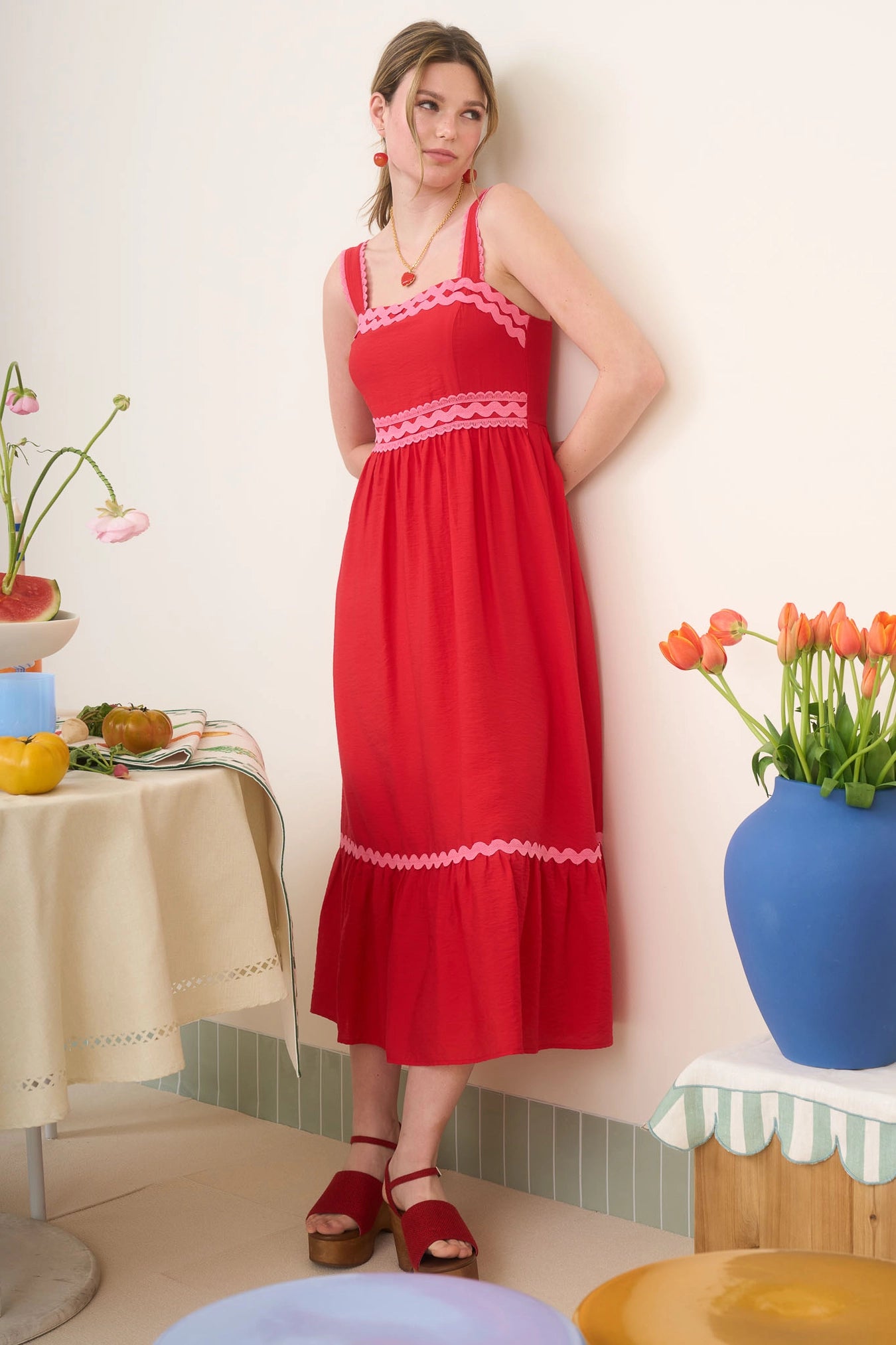 Square Neck Wave Scallop Trim Midi Dress
