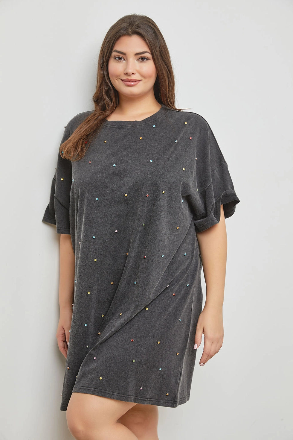 Rhinestone Studded Short Sleeve Dress | Curvy