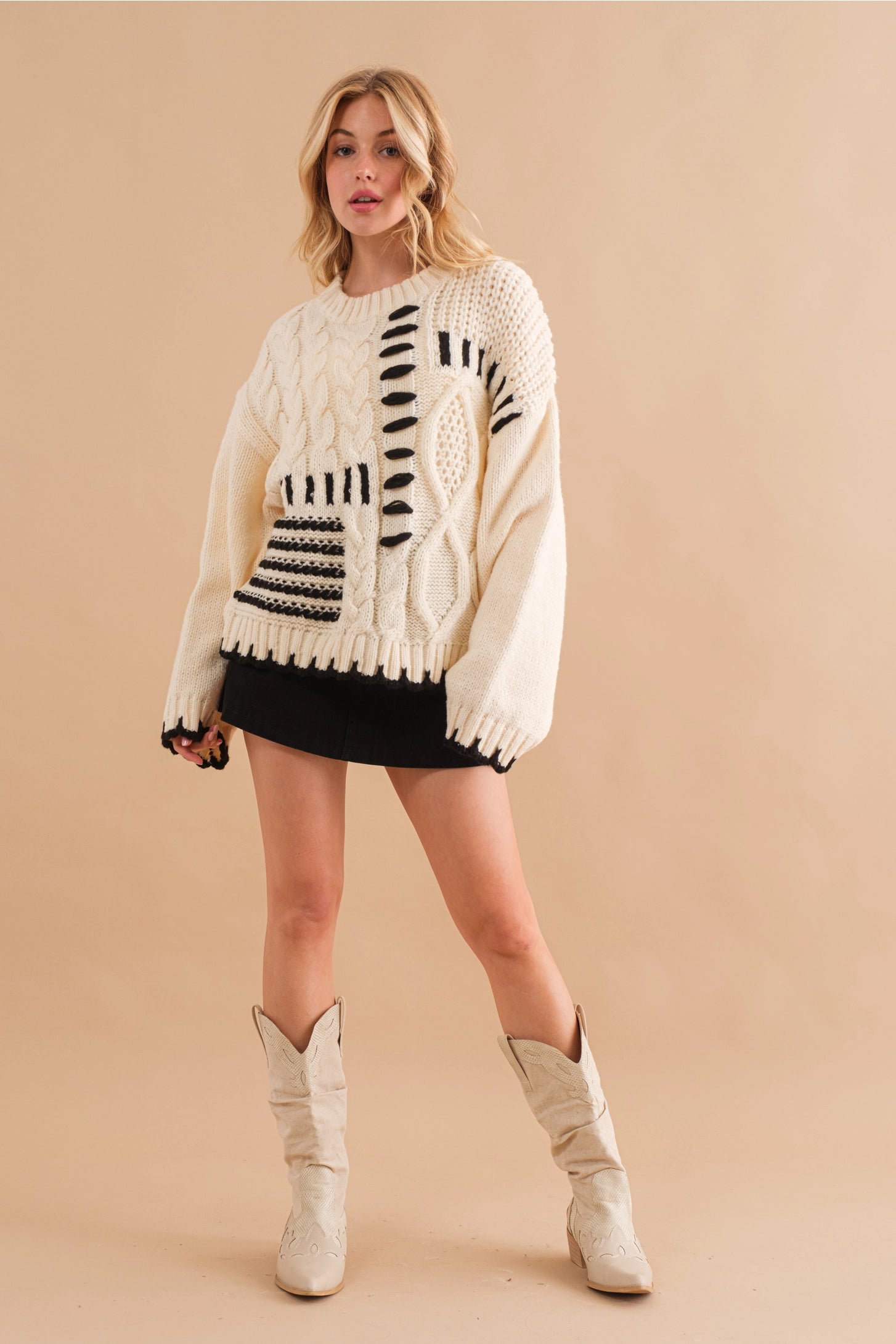 Cable Stitch Oversized Ribbed Neck Sweater