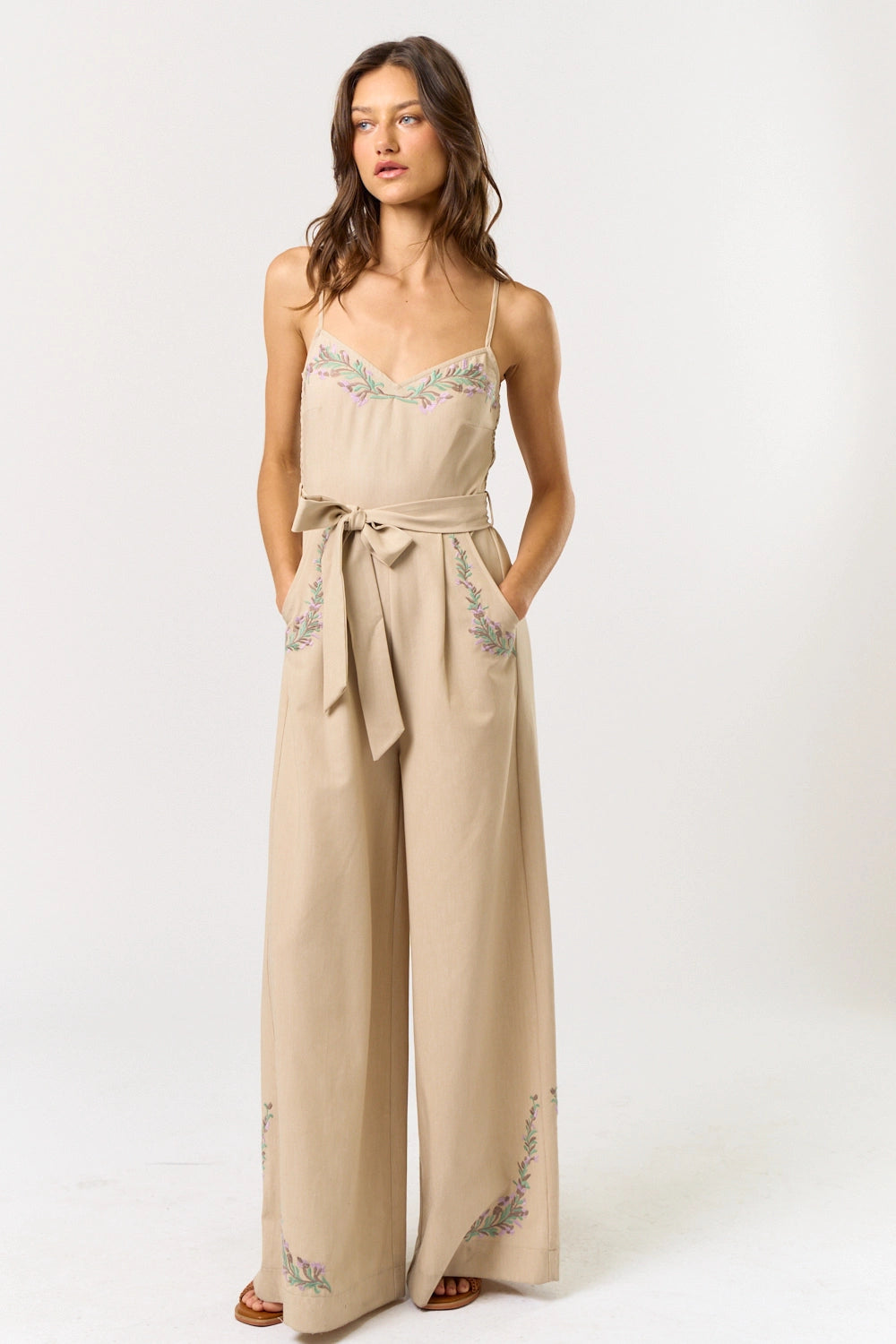 Embroidery Waist Tie Wide Leg Jumpsuit