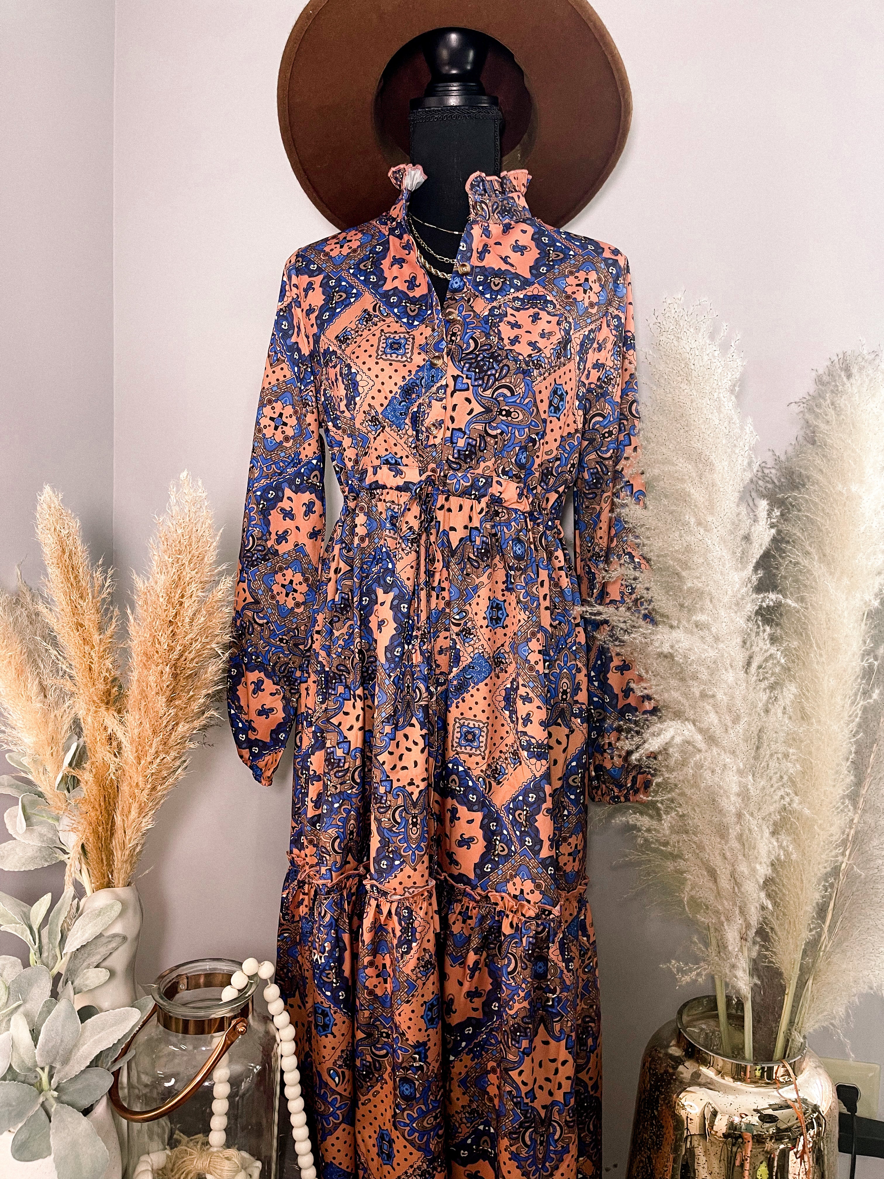 Vintage Print Ruffle Fall Dress