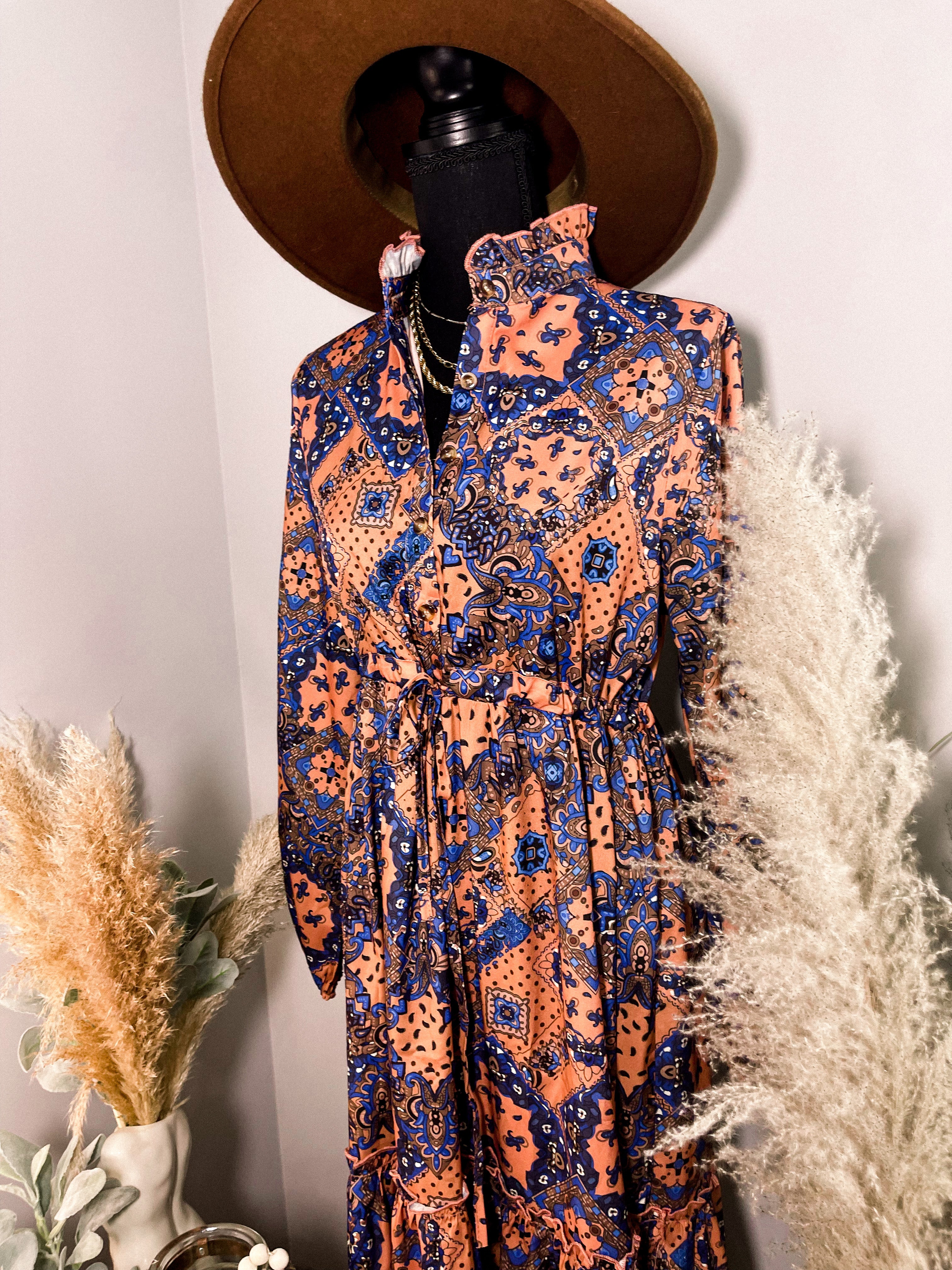 Vintage Print Ruffle Fall Dress