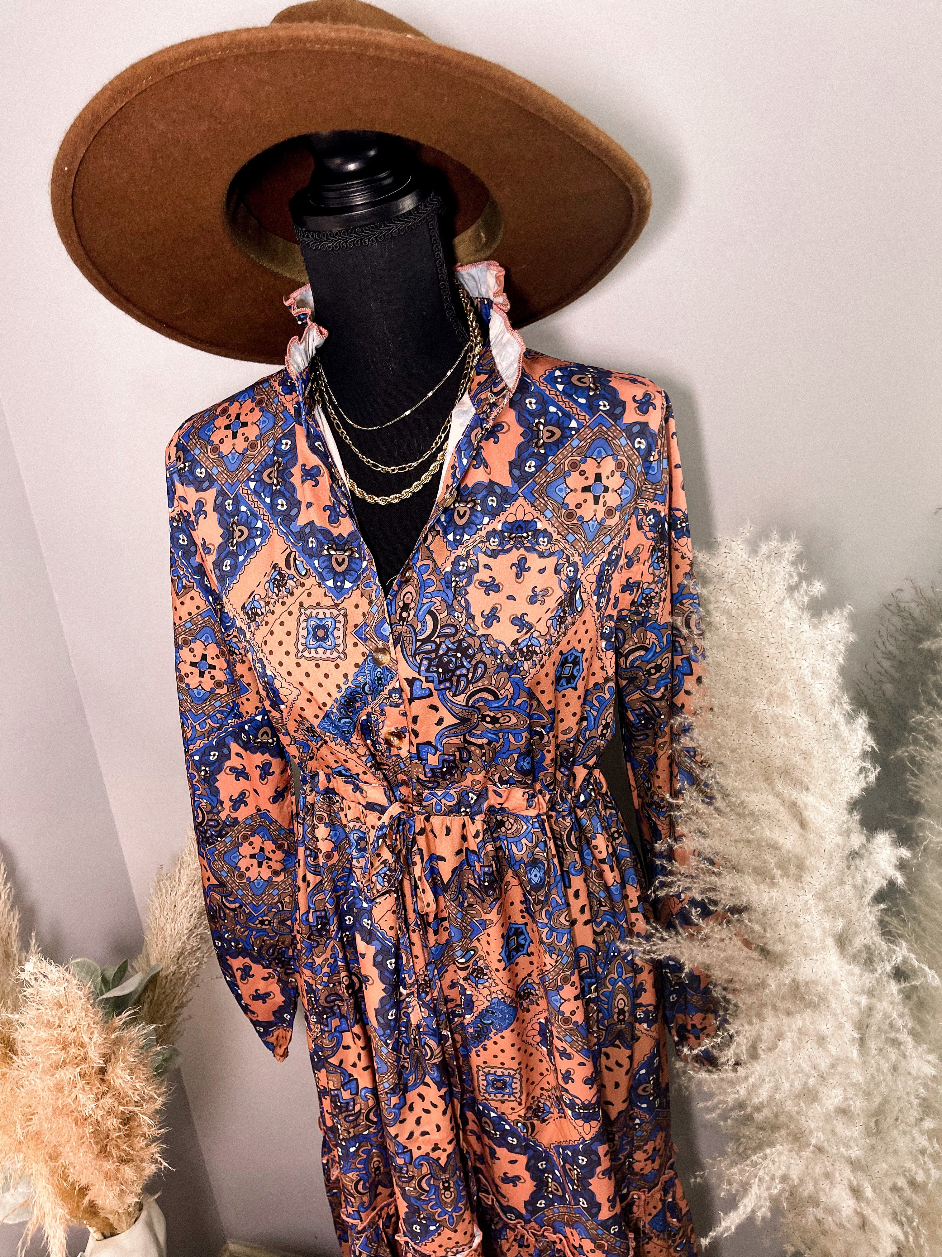 Vintage Print Ruffle Fall Dress