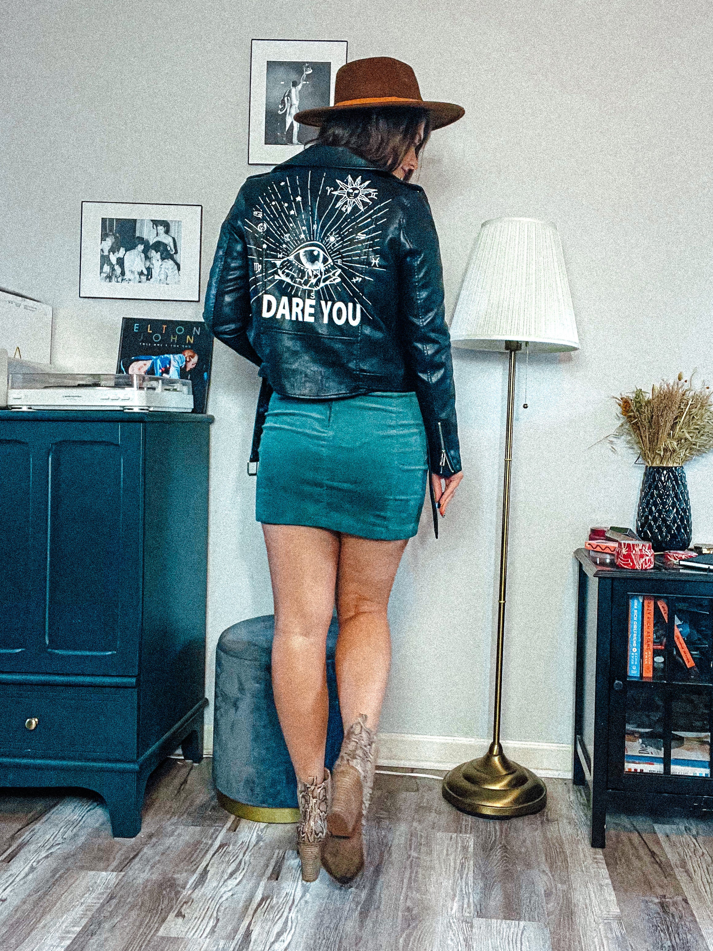 Black Leather Jacket with Graphic Detail