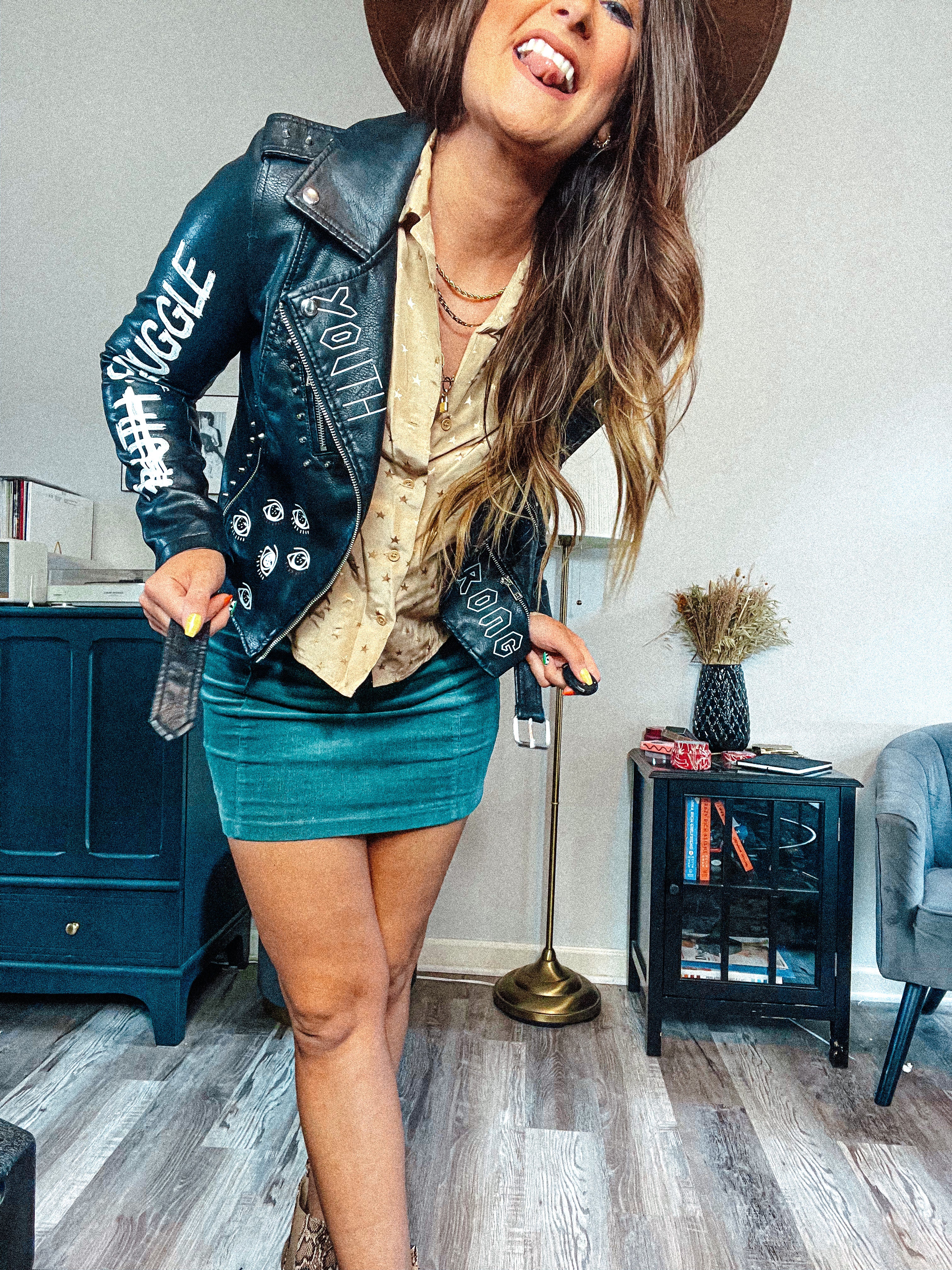 Black Leather Jacket with Graphic Detail