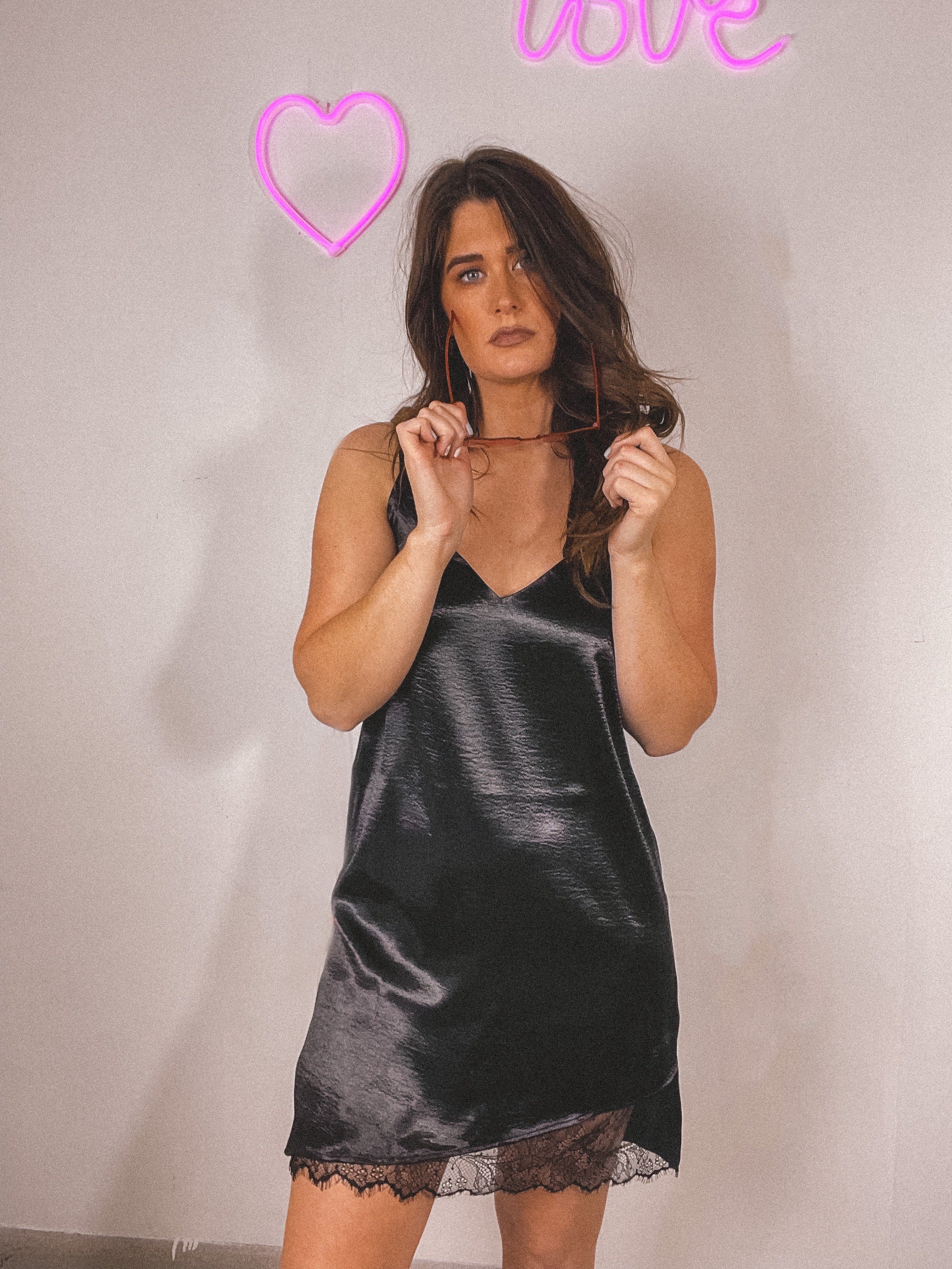 Black Satin Dress with Lace Detail
