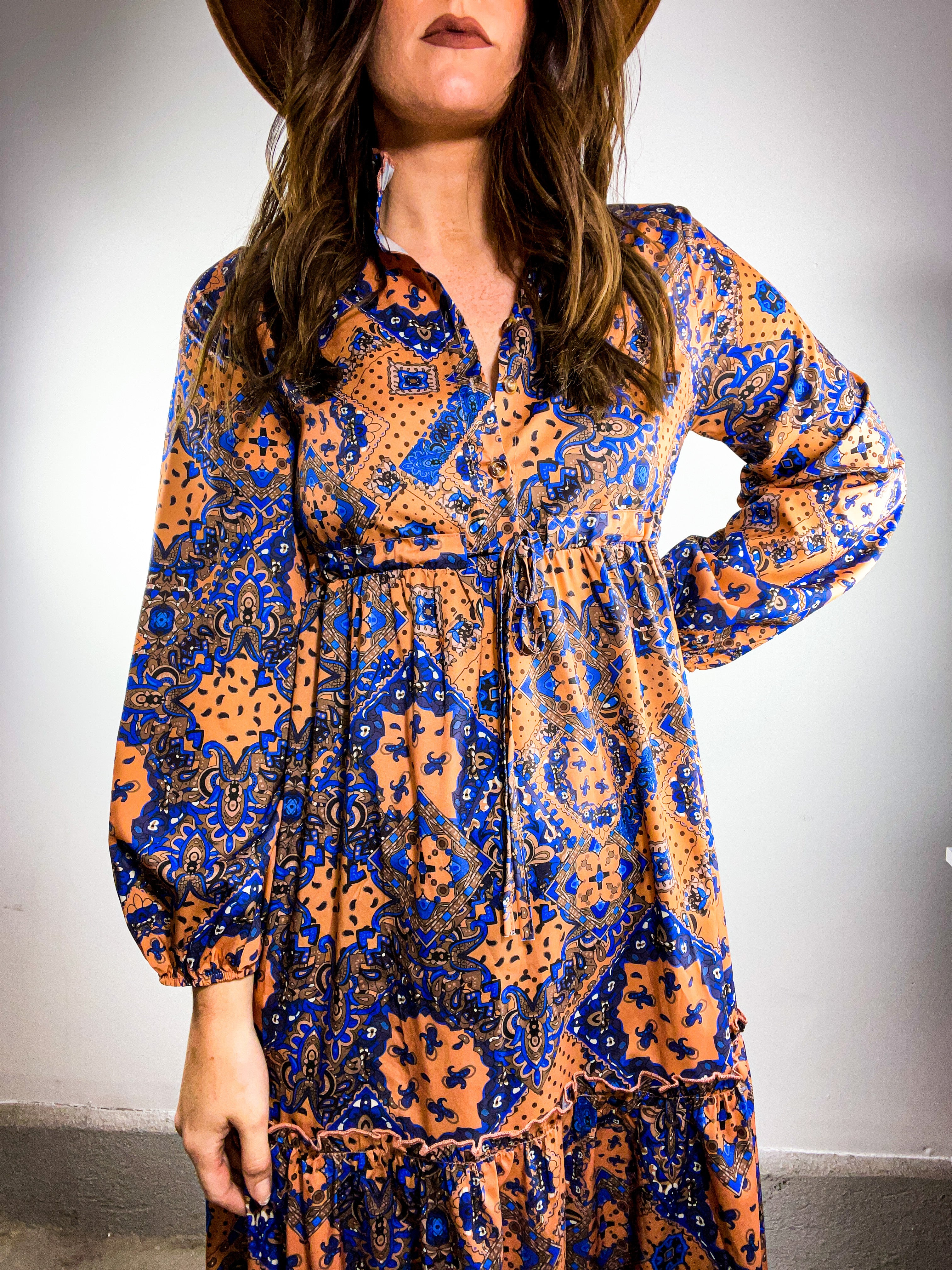 Vintage Print Ruffle Fall Dress