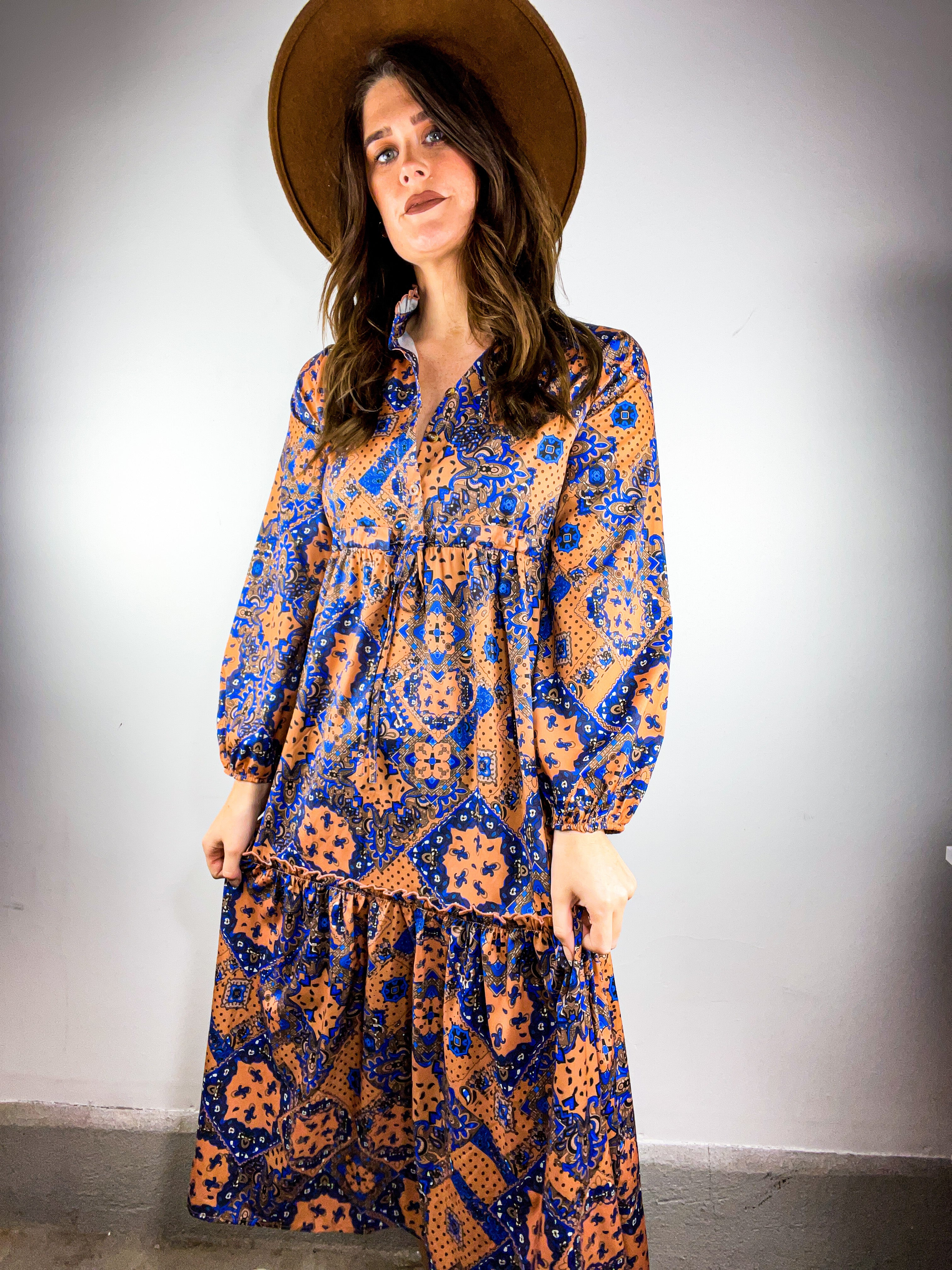 Vintage Print Ruffle Fall Dress