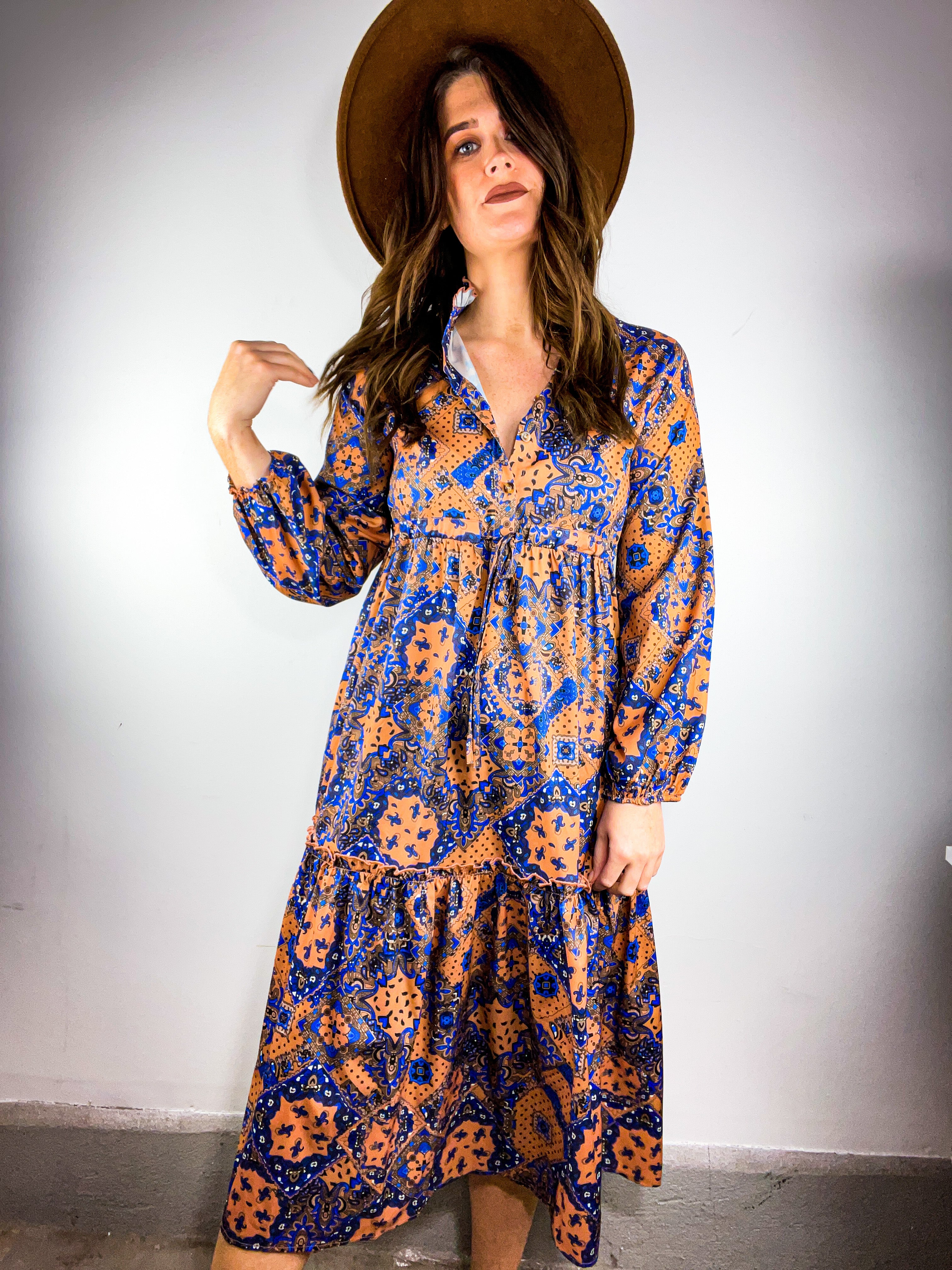 Vintage Print Ruffle Fall Dress