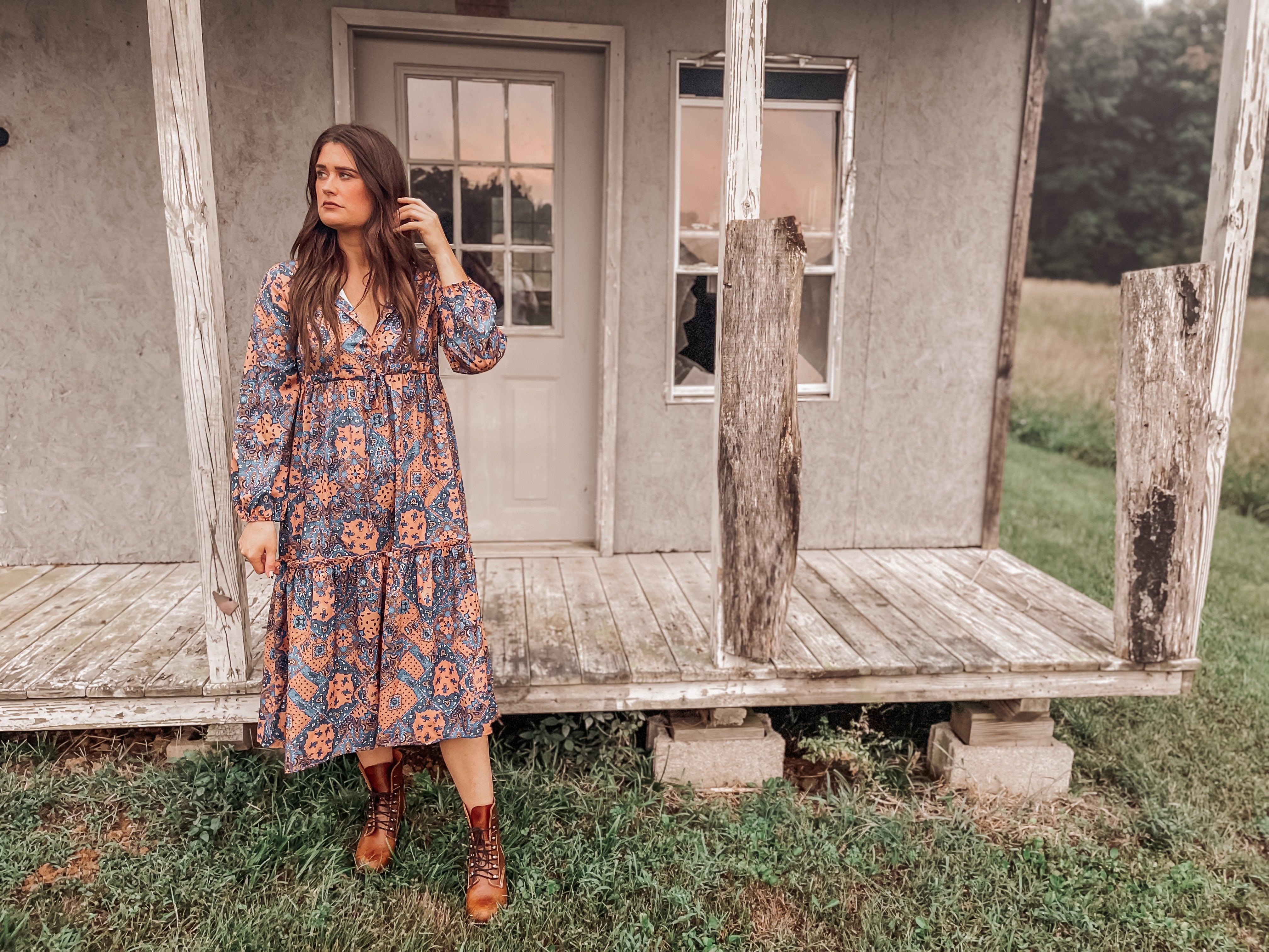 Vintage Print Ruffle Fall Dress