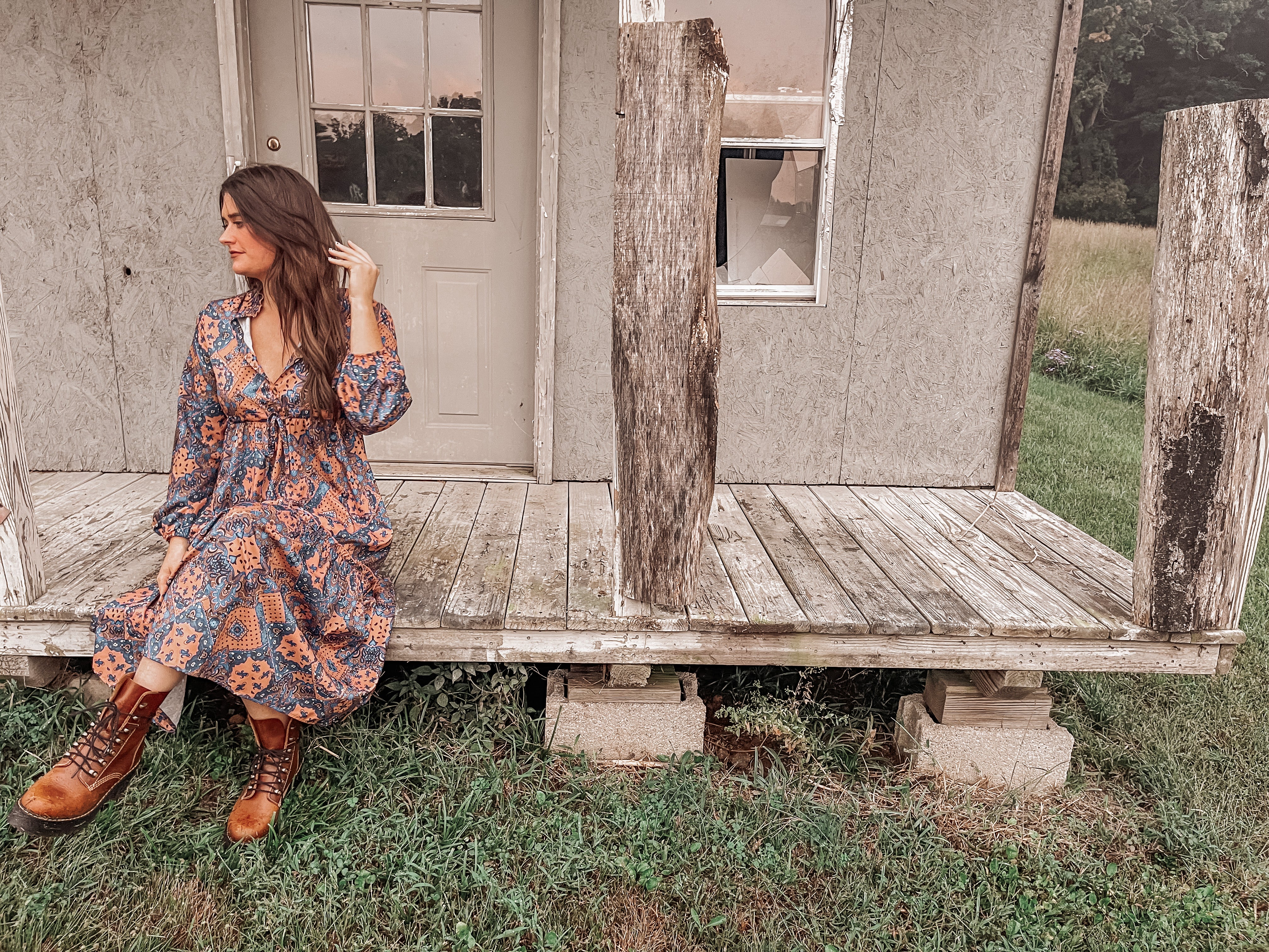 Vintage Print Ruffle Fall Dress