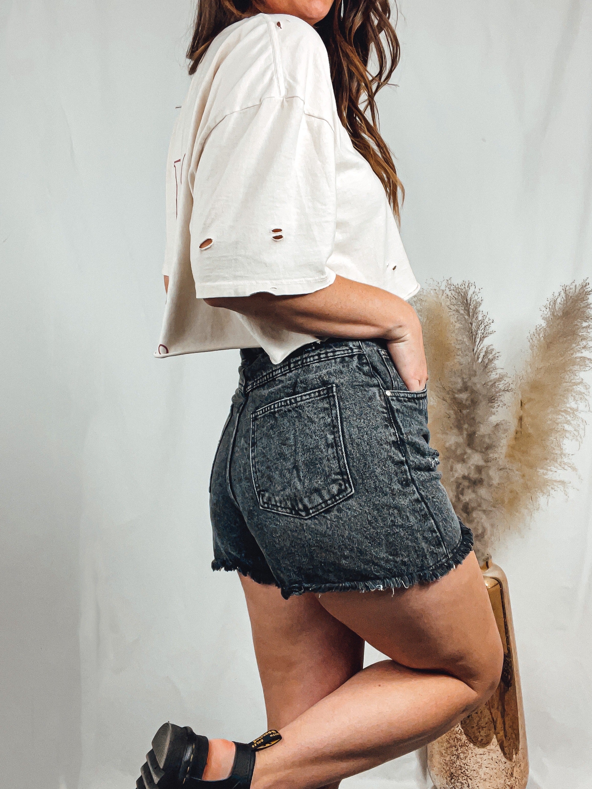 Washed Black Distressed Denim Shorts