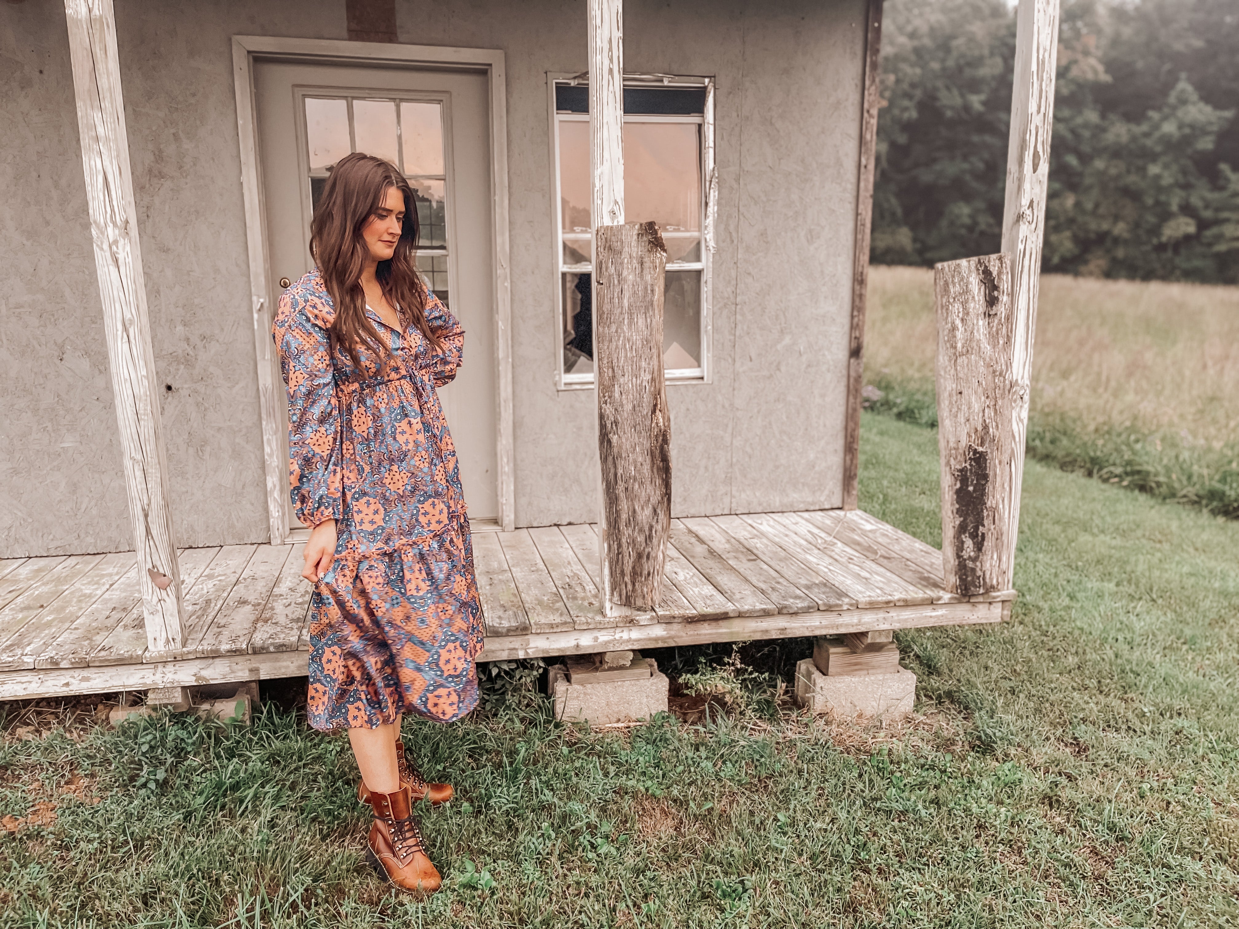 Vintage Print Ruffle Fall Dress