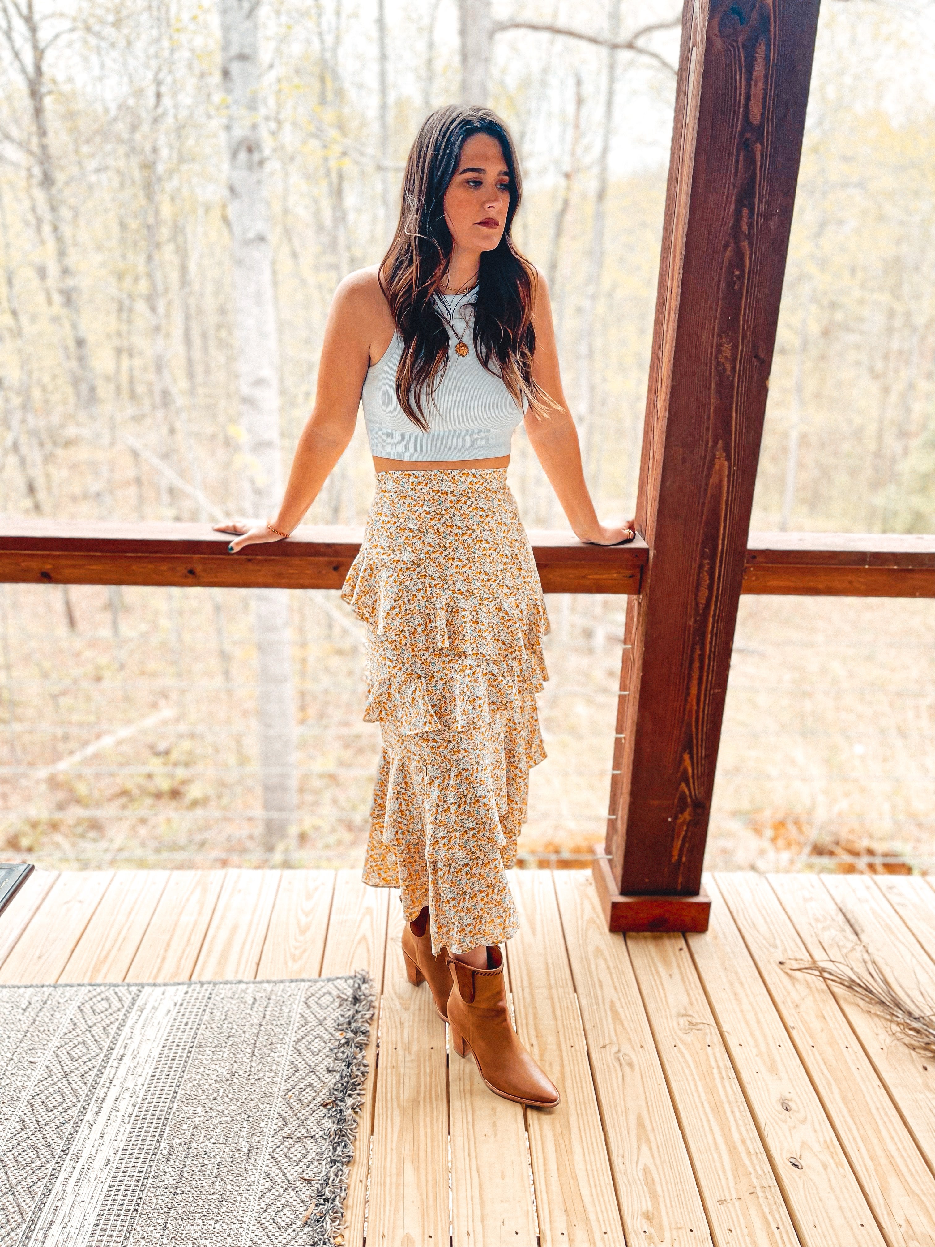 Ruffle Floral Midi Skirt