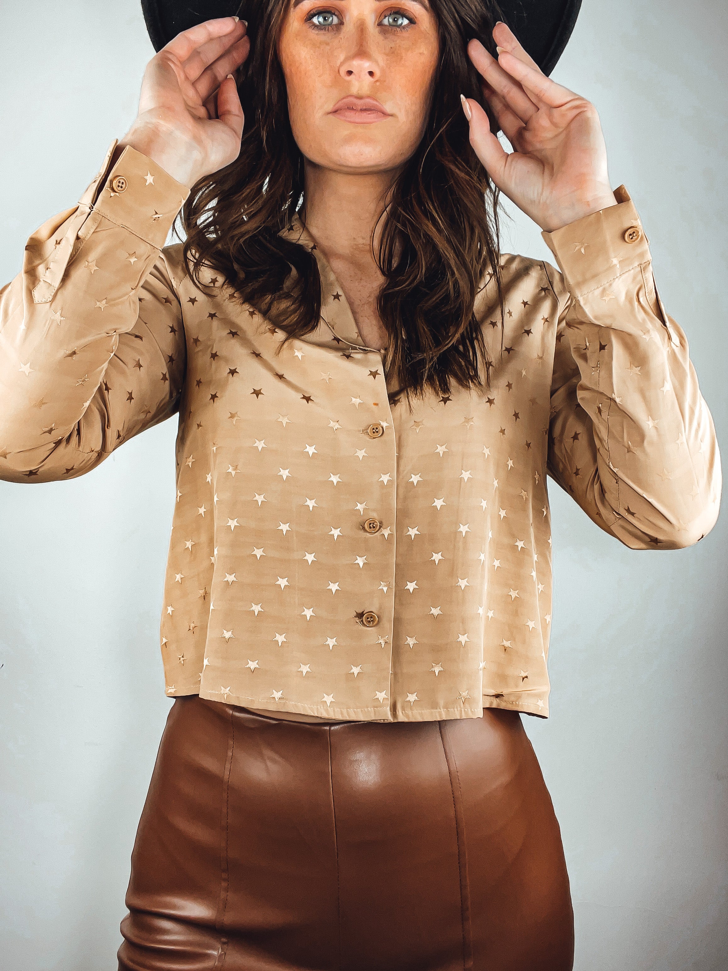 Satin Star Cropped Blouse - Taupe