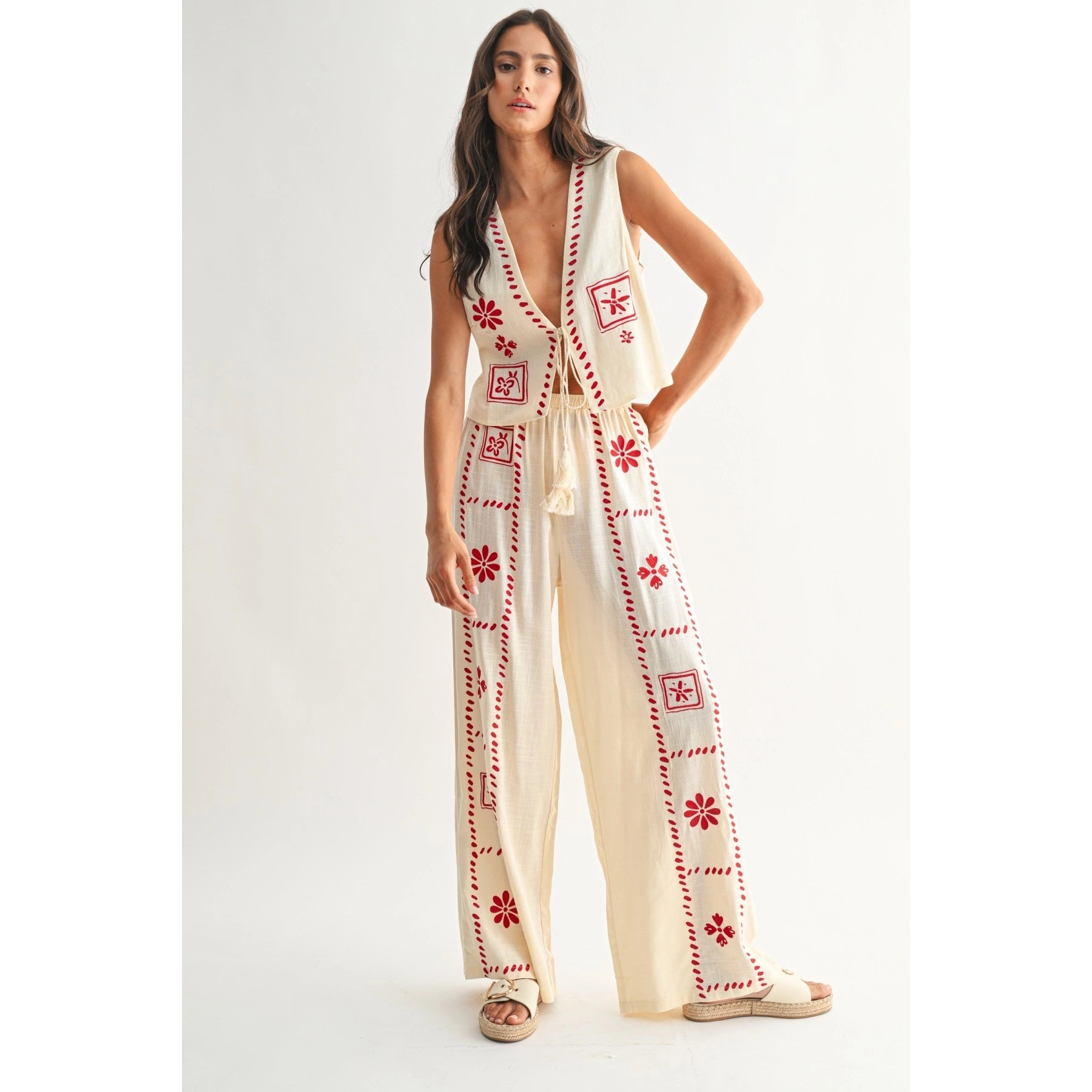 Linen Blend Chic Embroidered Two-Piece Set