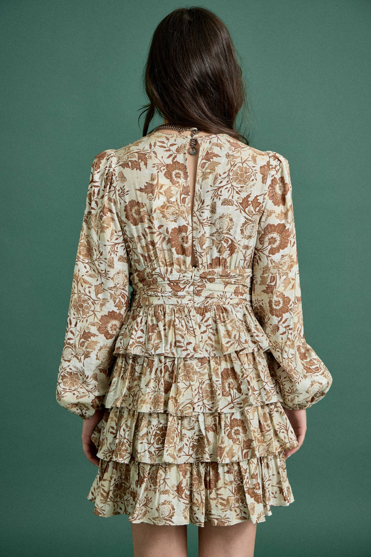 Brown Floral Print Ruffle Mini Dress