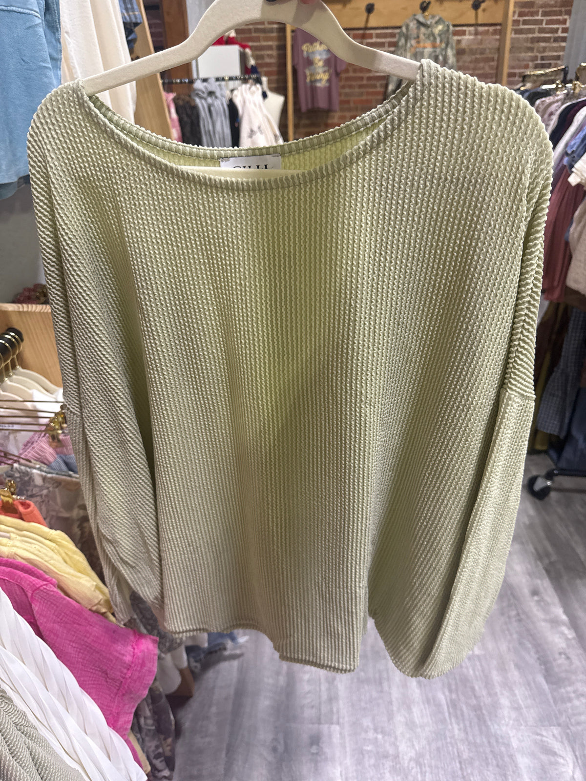 Light Green Long Sleeve Waffle Knit Top | Curvy