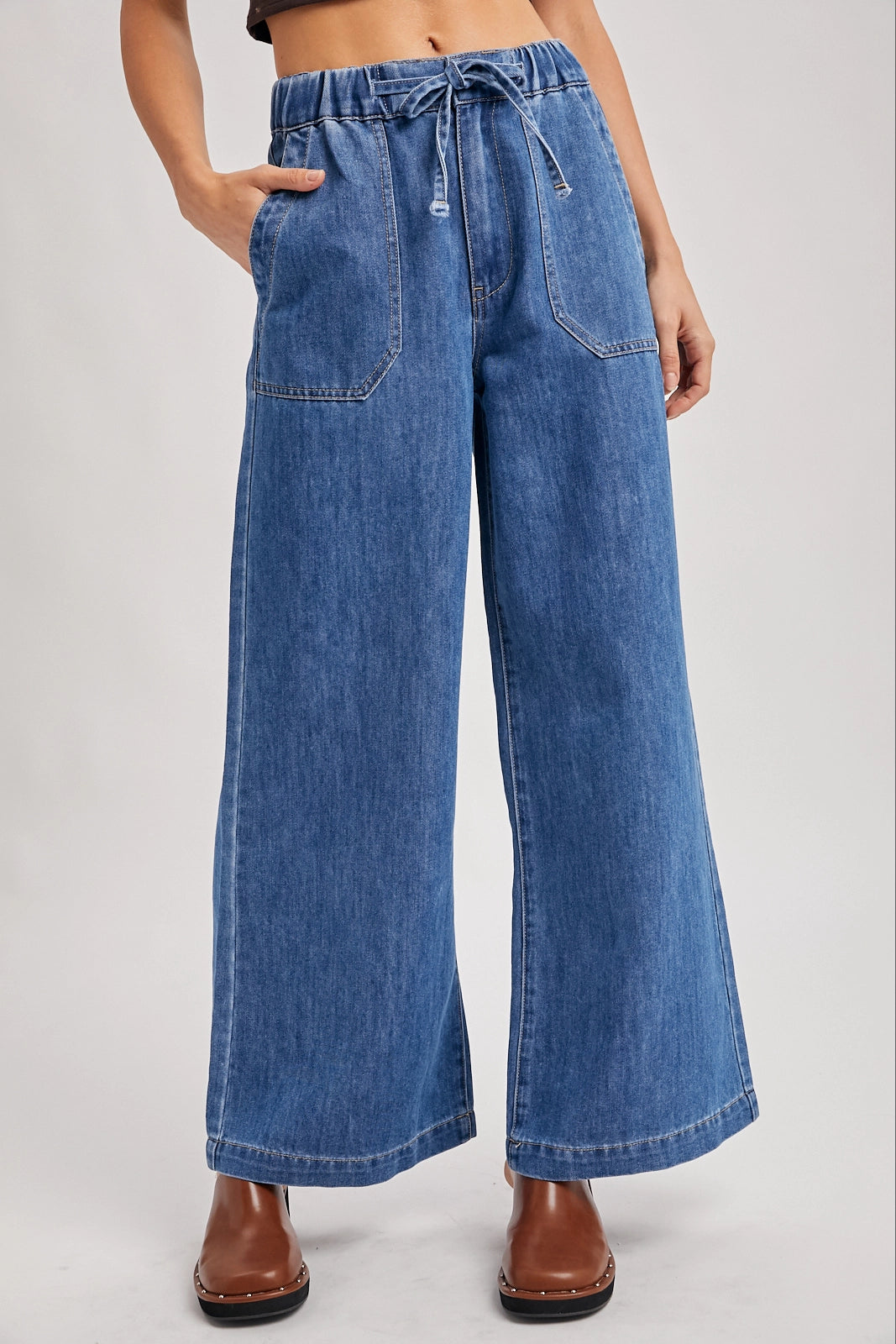 Wide Leg Drawstring Waist Denim Pants