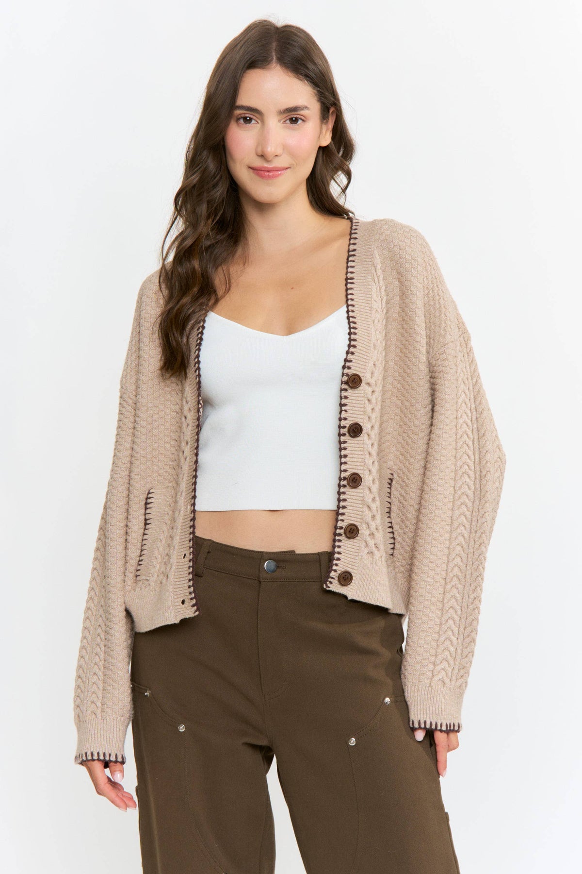 Mocha Cable Knit Button-Down Cardigan
