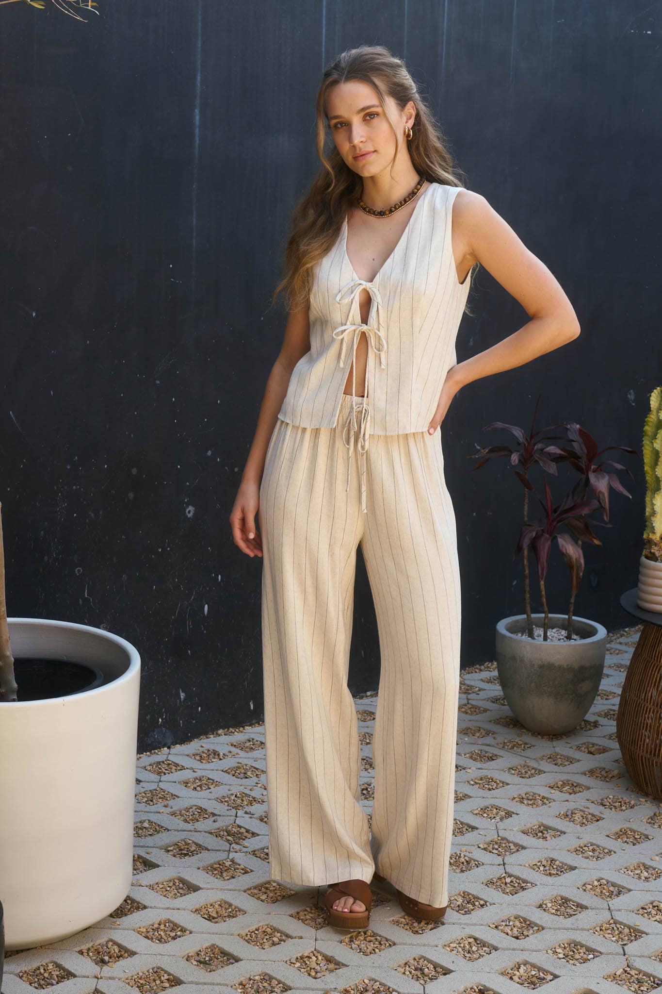 Pinstripe Tie Front Linen Blend Vest