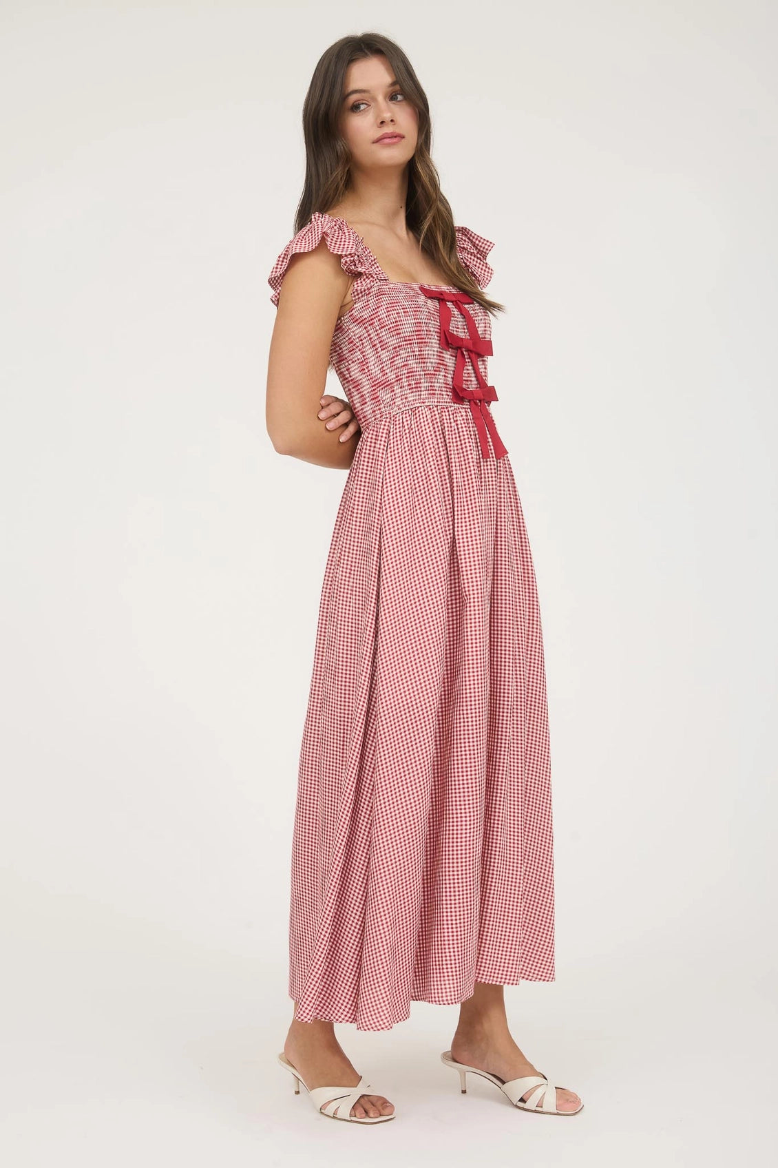 Red Gingham Bow Detail Christmas Maxi Dress