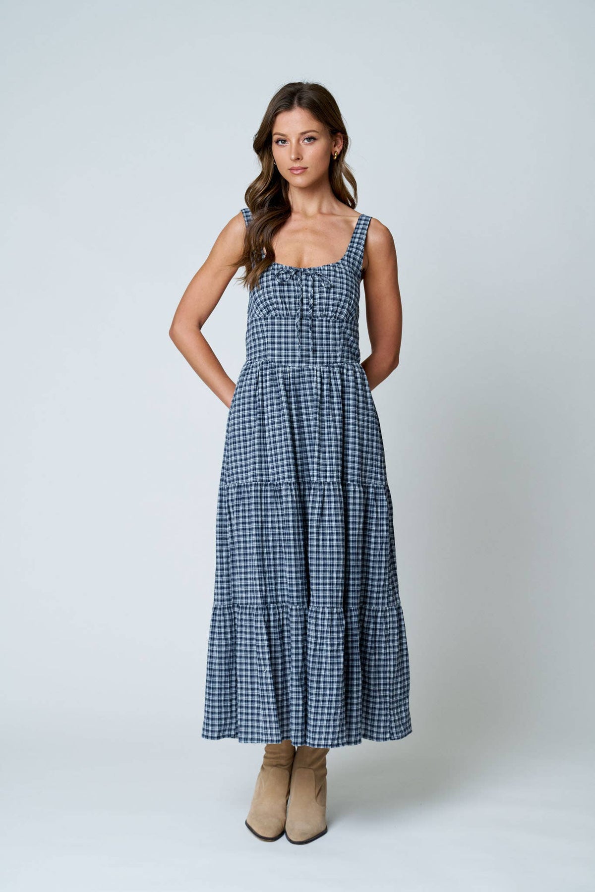 PLAID FRONT TIE CORSET MIDI DRESS