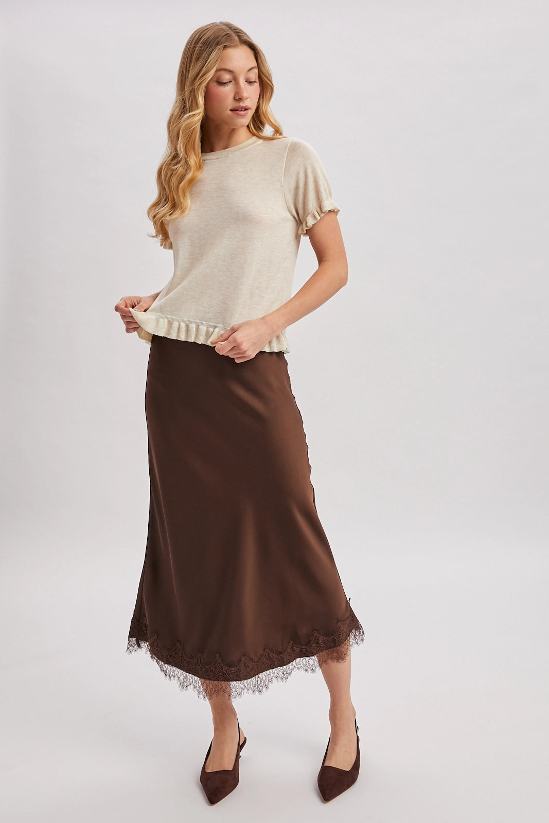Satin Lace Trimmed Midi Skirt