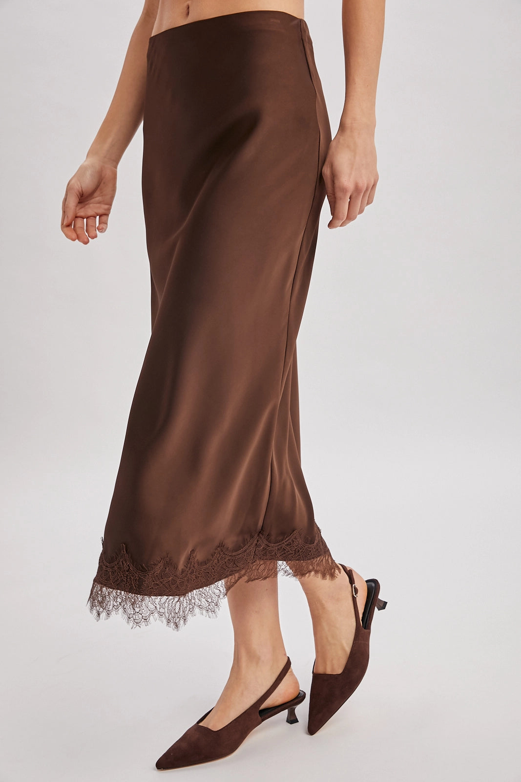 Satin Lace Trimmed Midi Skirt